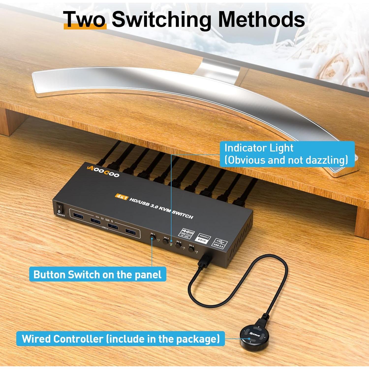 Interruptor KVM HDMI 4K AOOCOO 4 PCs 1 Monitor USB 3.0