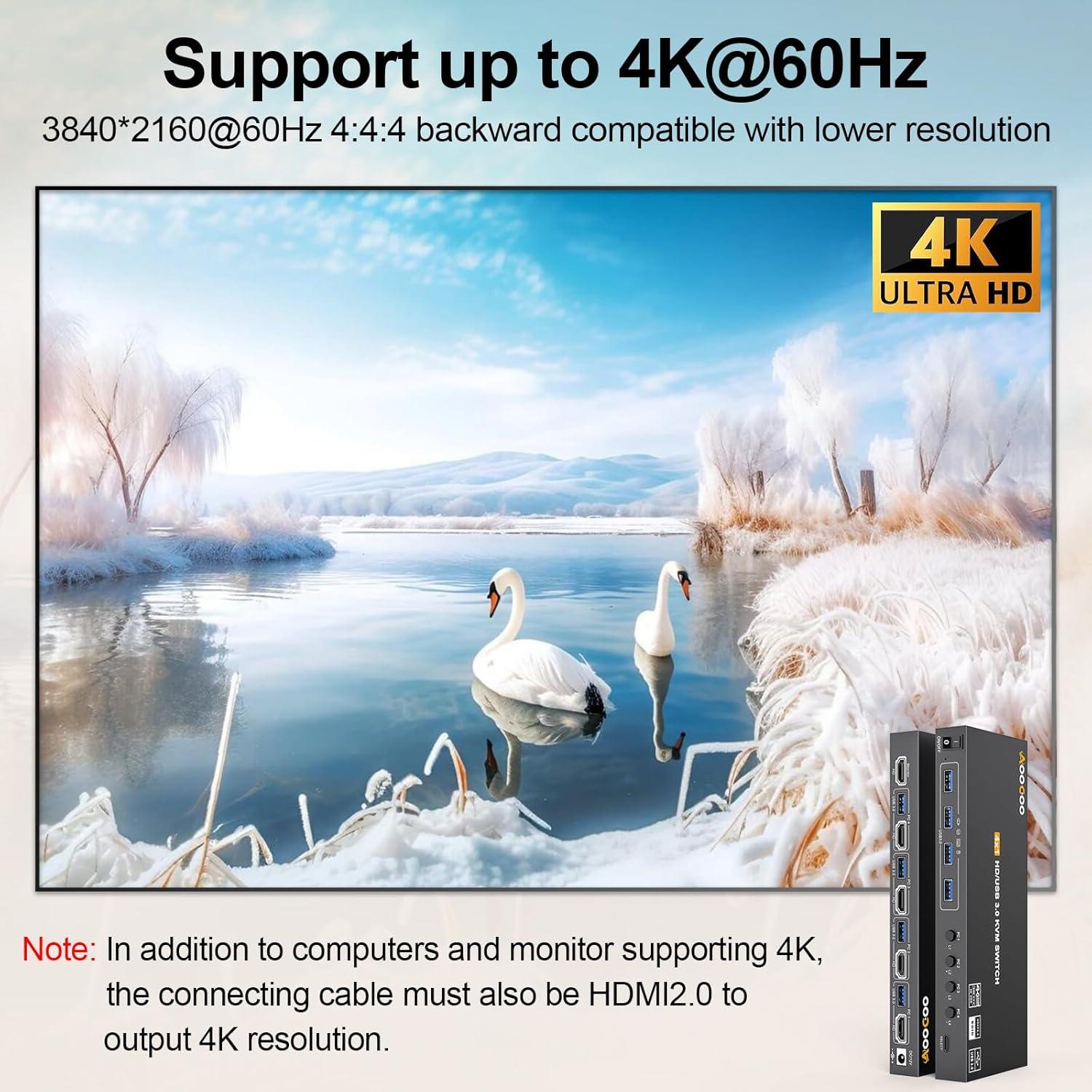 Interruptor KVM HDMI 4K AOOCOO 4 PCs 1 Monitor USB 3.0