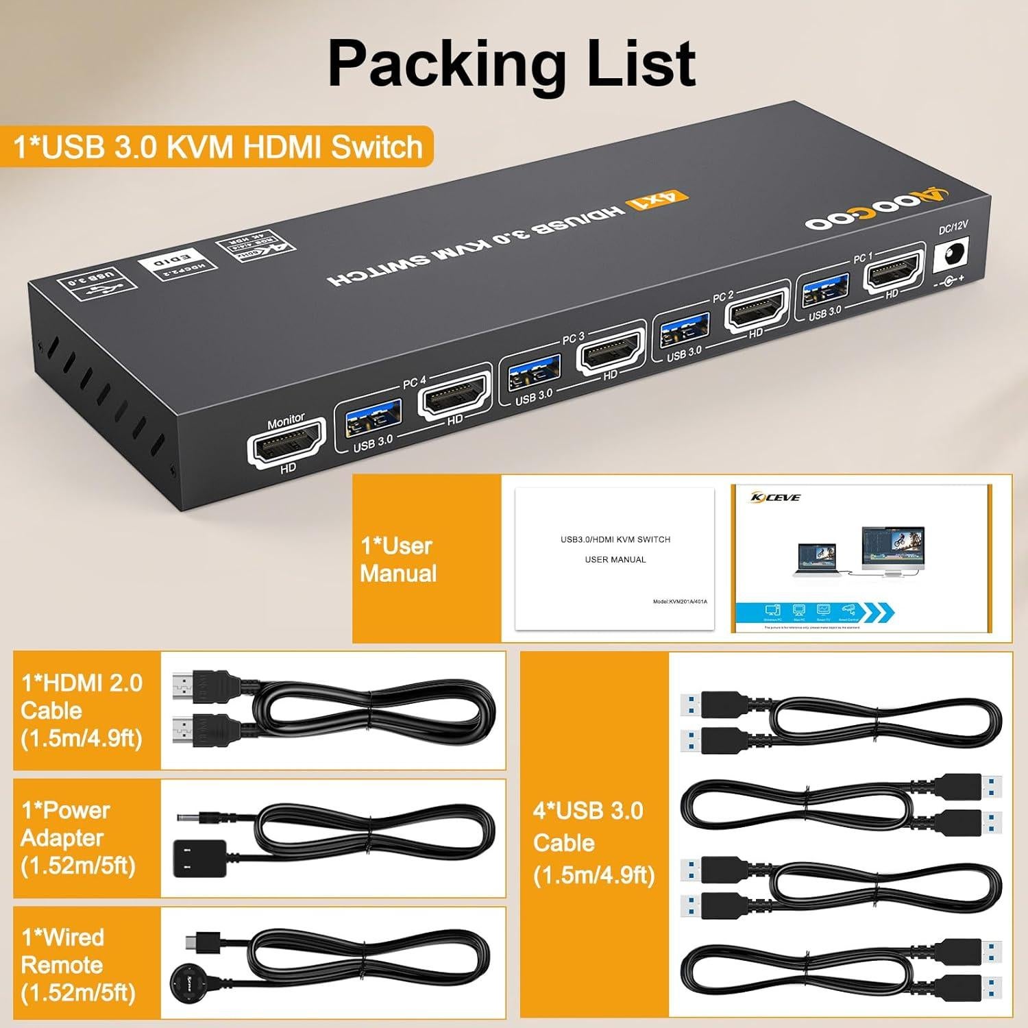 Interruptor KVM HDMI 4K AOOCOO 4 PCs 1 Monitor USB 3.0