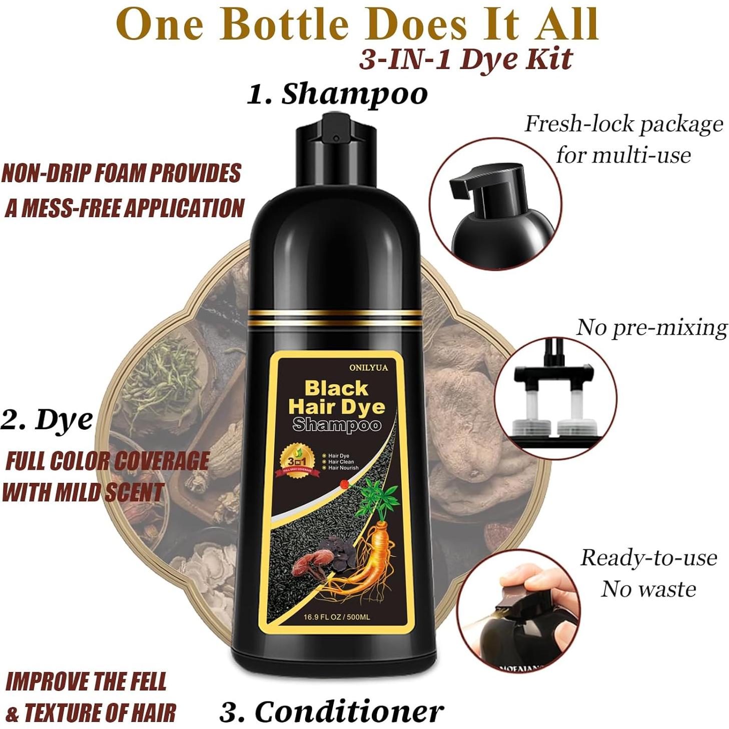 Champú Tinte Negro 3-en-1 iemokoda - Cobertura 100% Canas