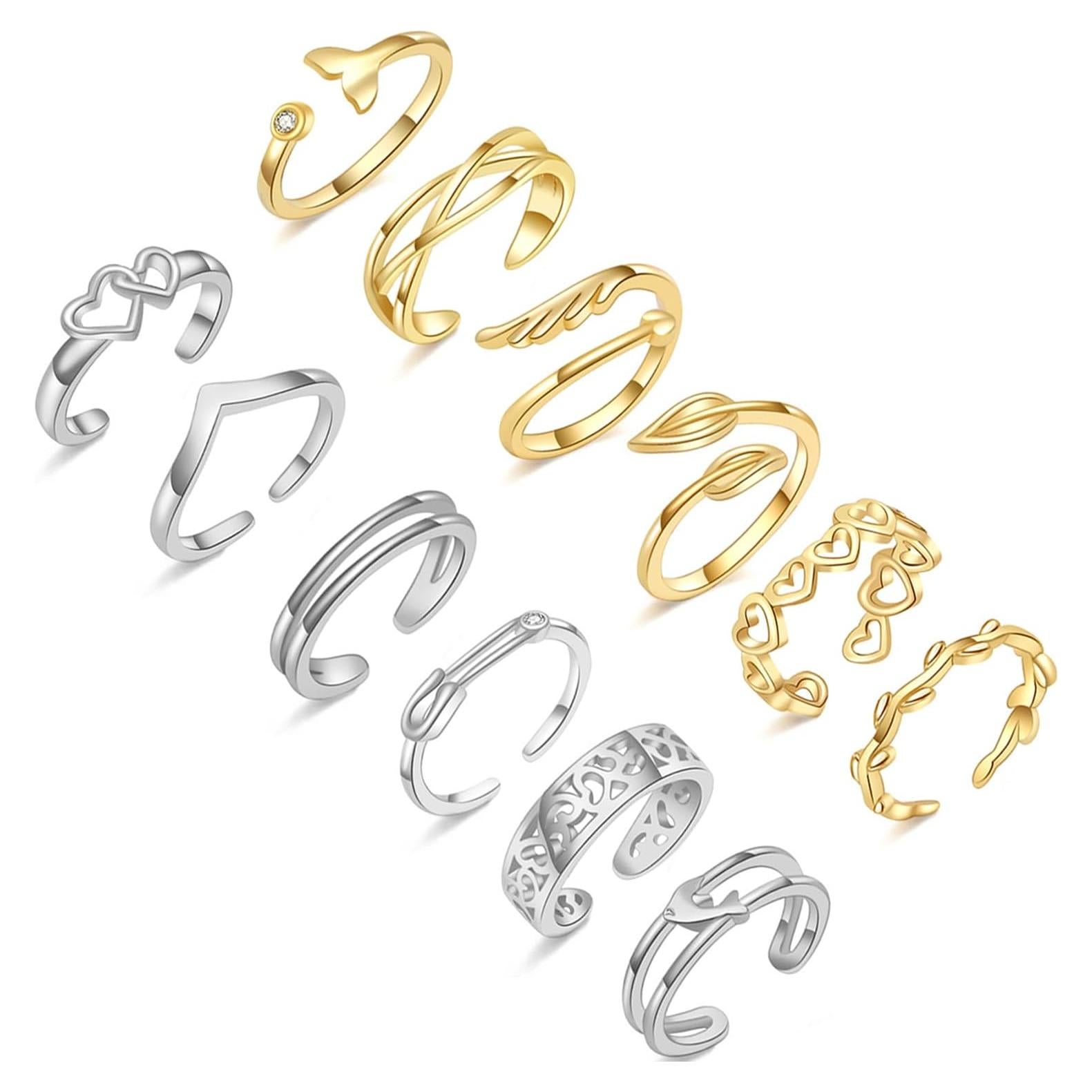 Set de 12 Anillos Ajustables para Mujeres Plata y Baño de Oro