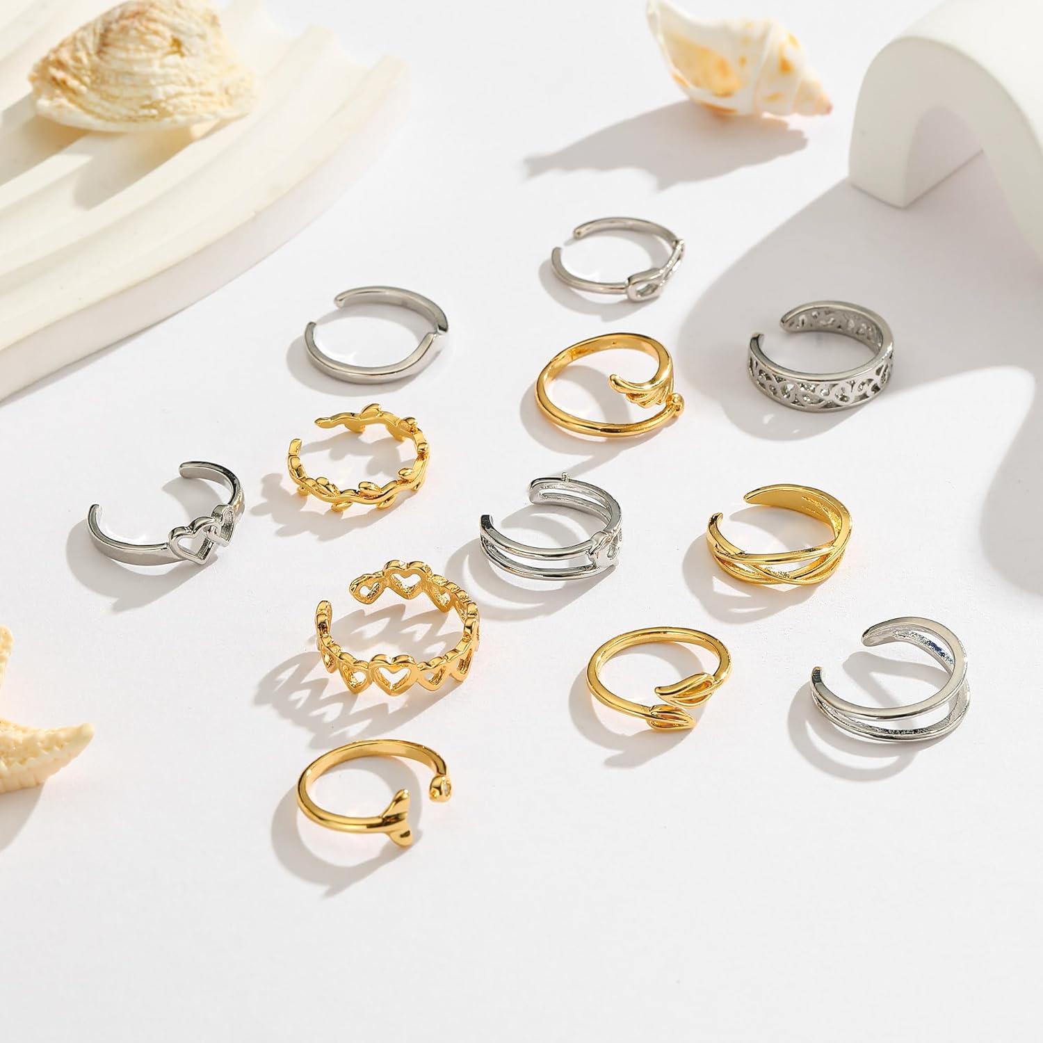 Set de 12 Anillos Ajustables para Mujeres Plata y Baño de Oro