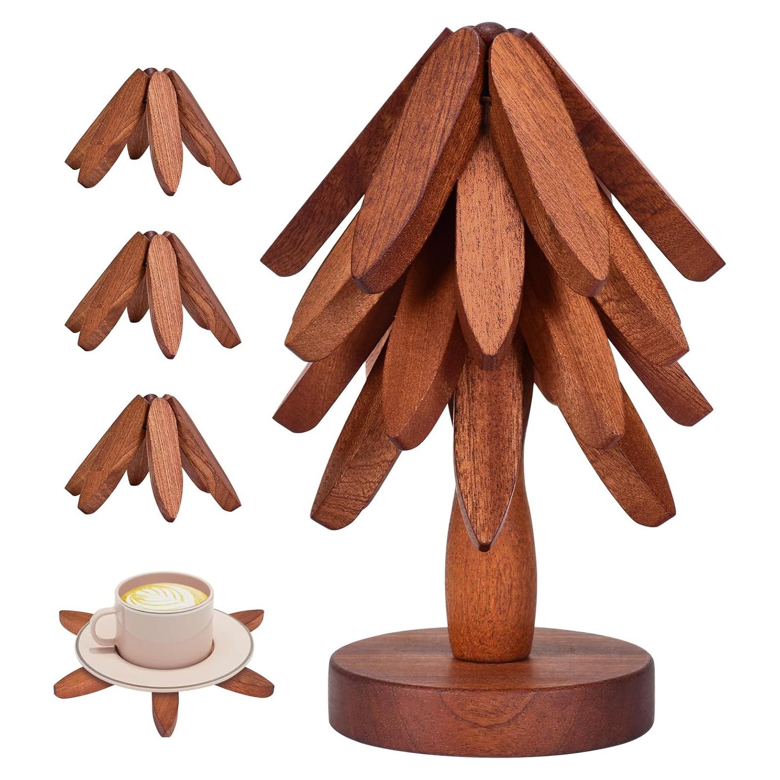 Juego de Trivetes de Madera de Nogal - 4 Piezas en Forma de Árbol