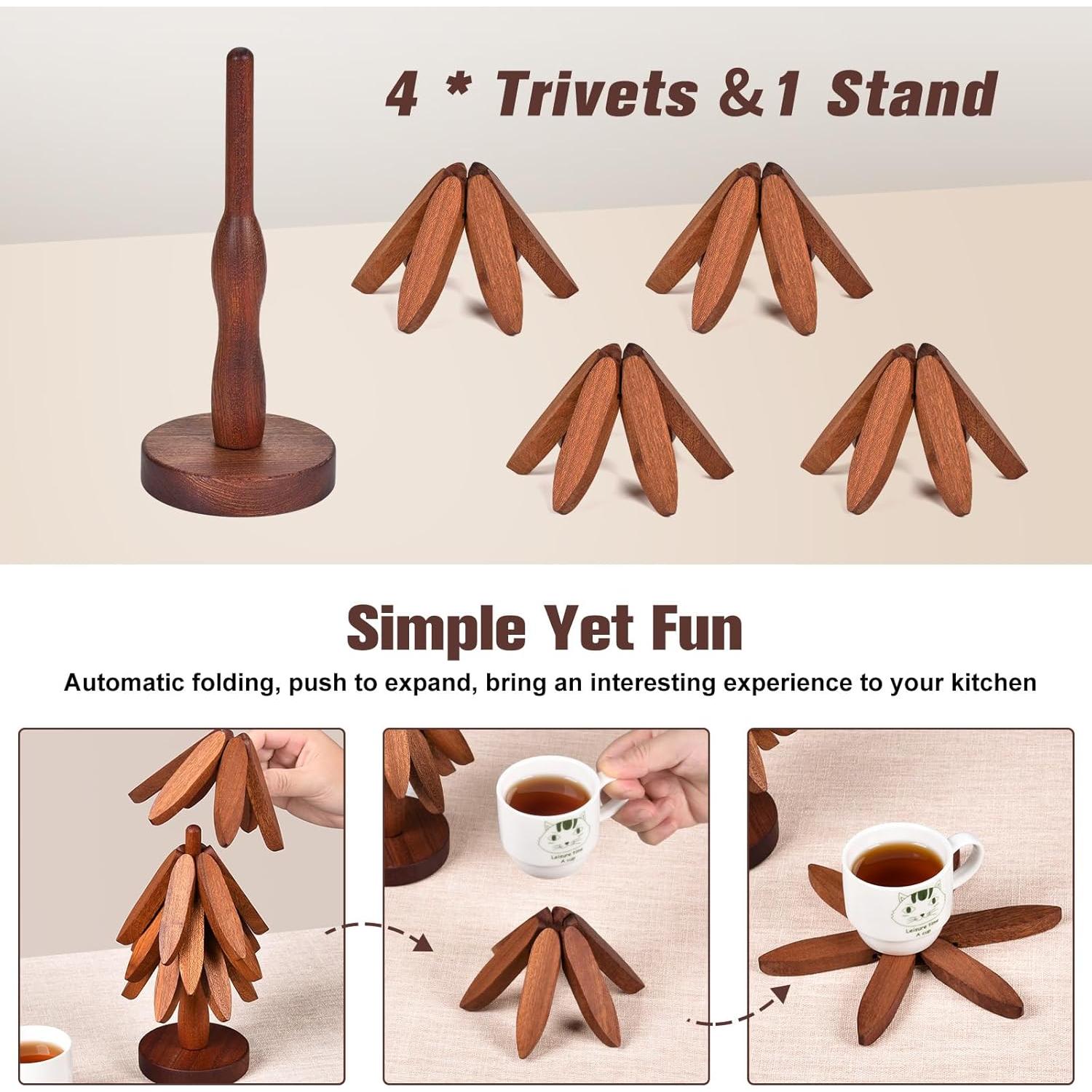 Juego de Trivetes de Madera de Nogal - 4 Piezas en Forma de Árbol