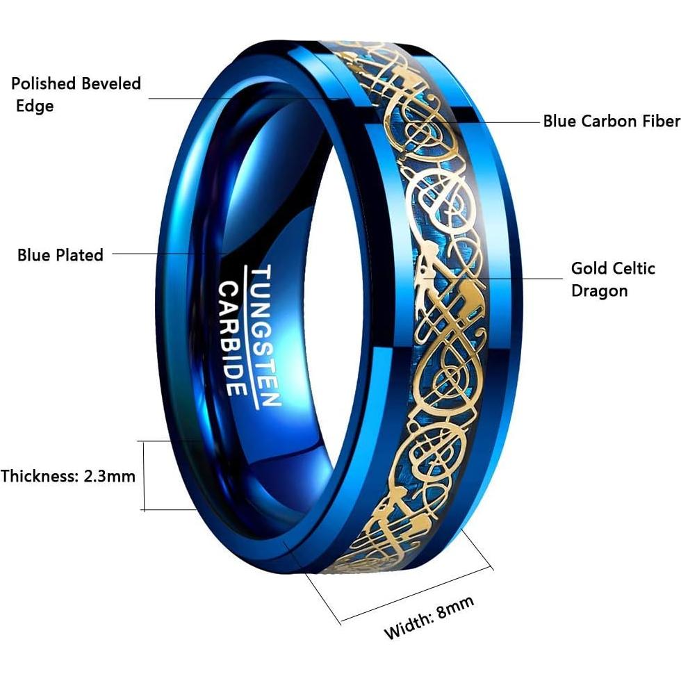 Anillo de Boda VAKKI Dragón Celta 8mm Azul Carburo 10