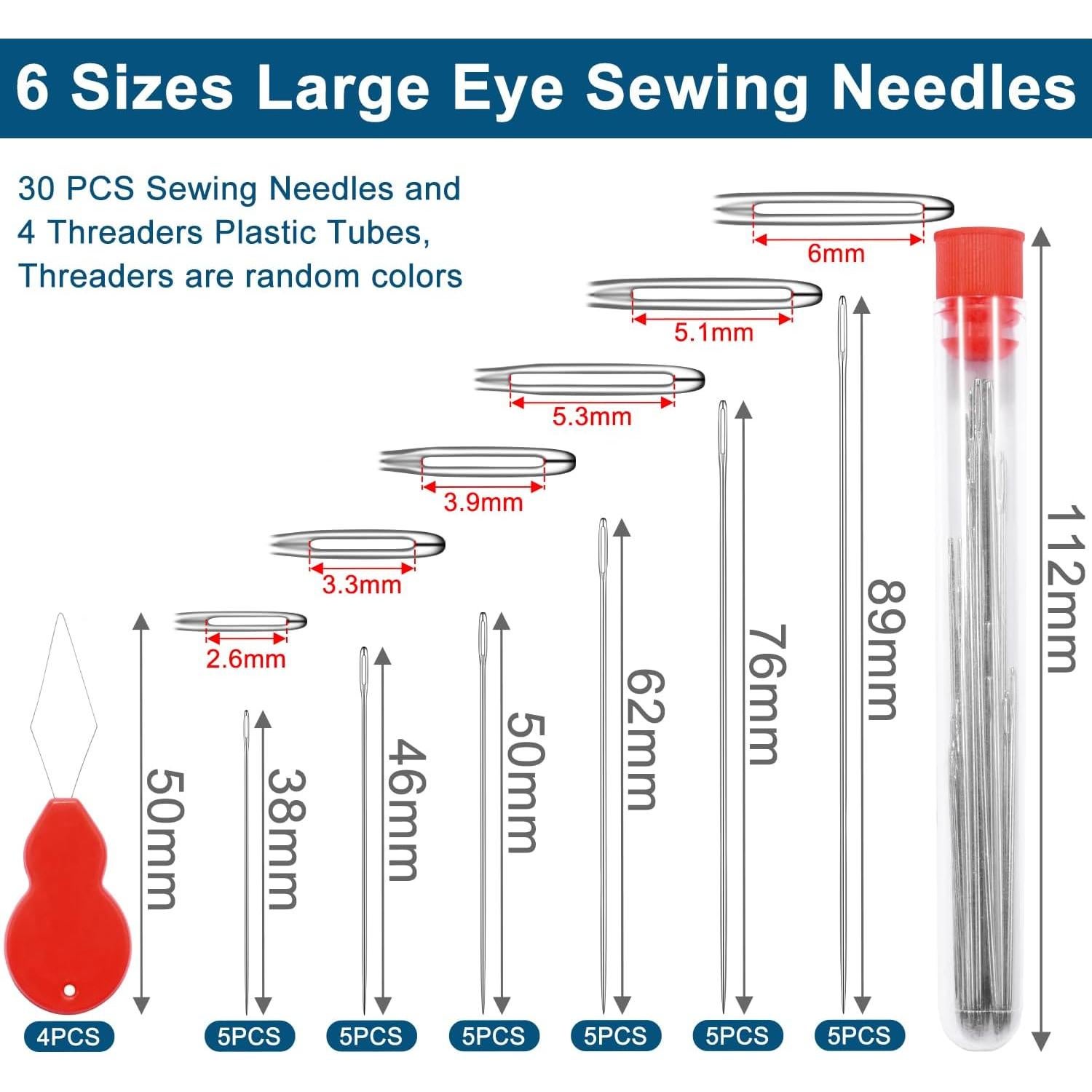 30 Agujas de Ojo Grande CooBigo para Costura a Mano - 6 Tamaños