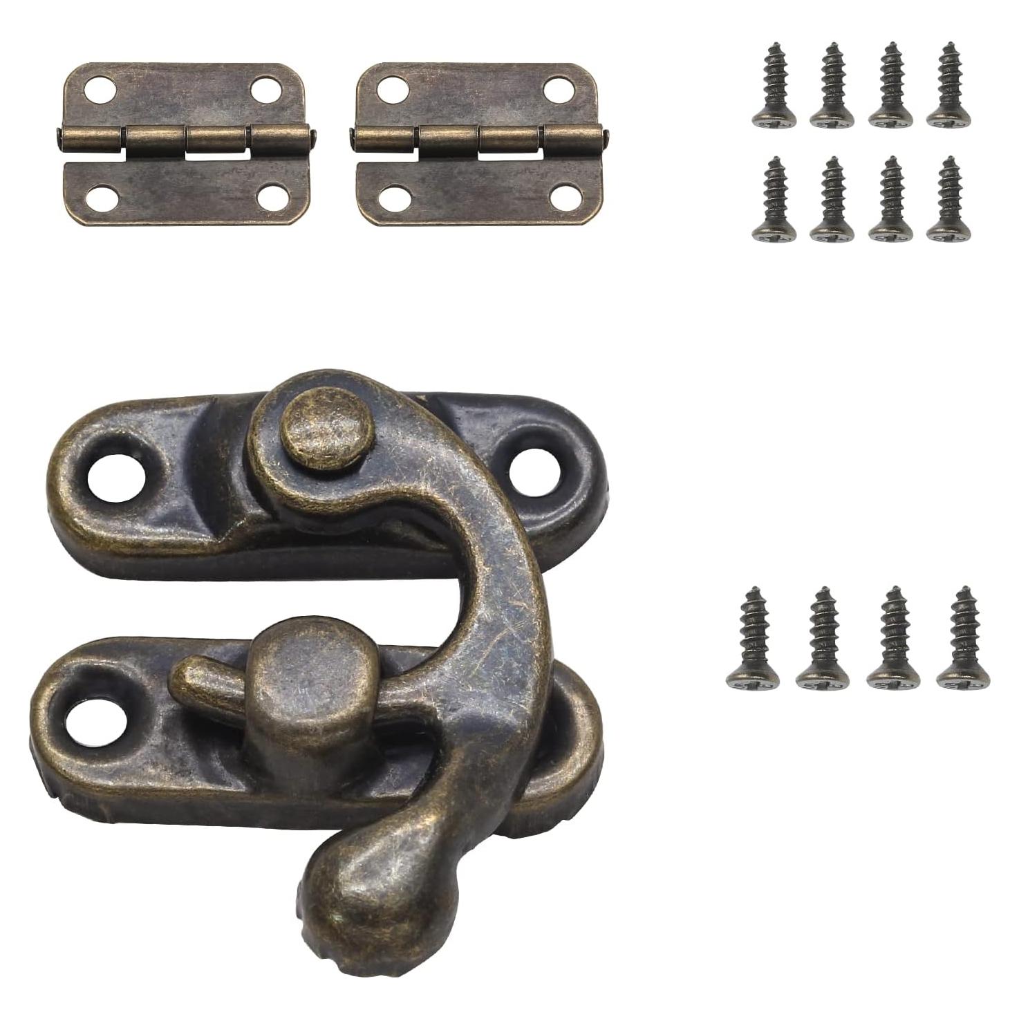 Antique Bronze Right Latch Hook Hasp, Small Box Hinges and Retro Latch Lock for Decorative Cabinet Small Wooden Jewelry Box Gift Box (1 Pcs Hasp Catch + 2 Pcs Hinges)