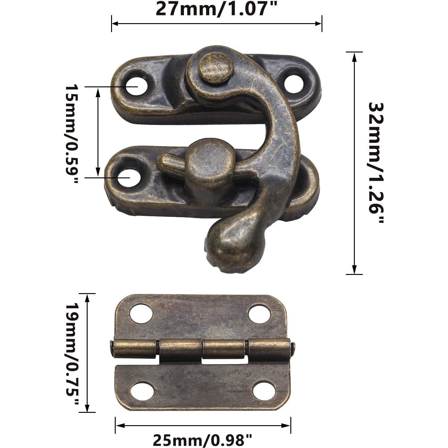 Antique Bronze Right Latch Hook Hasp, Small Box Hinges and Retro Latch Lock for Decorative Cabinet Small Wooden Jewelry Box Gift Box (1 Pcs Hasp Catch + 2 Pcs Hinges)
