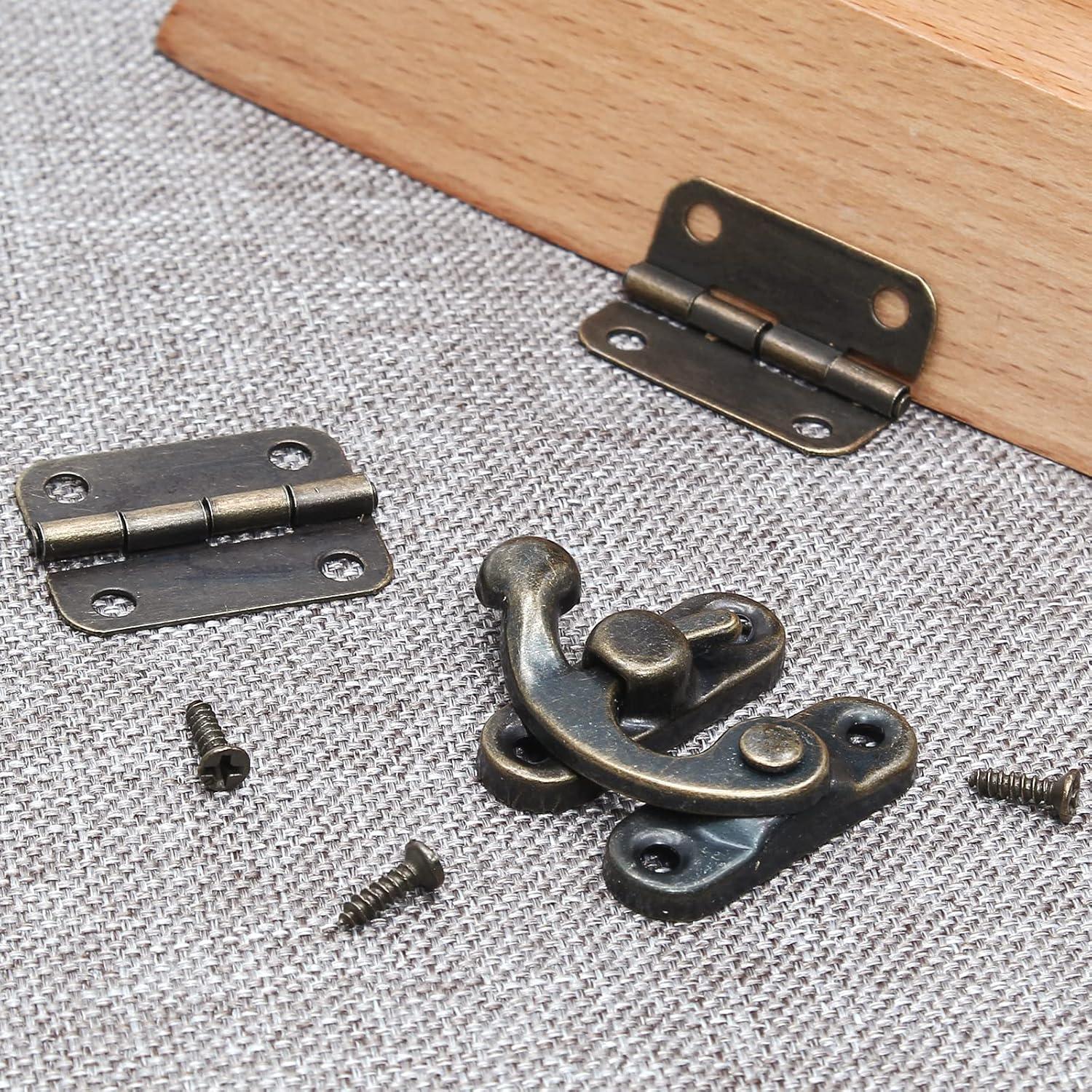 Antique Bronze Right Latch Hook Hasp, Small Box Hinges and Retro Latch Lock for Decorative Cabinet Small Wooden Jewelry Box Gift Box (1 Pcs Hasp Catch + 2 Pcs Hinges)