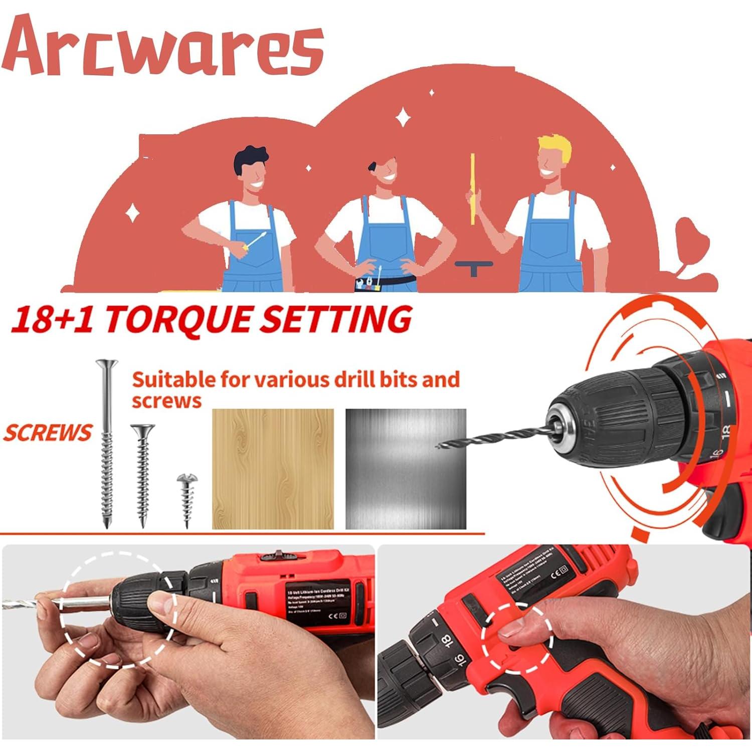 Juego de Herramientas Eléctricas 346 Piezas Arcwares con Taladro 18V