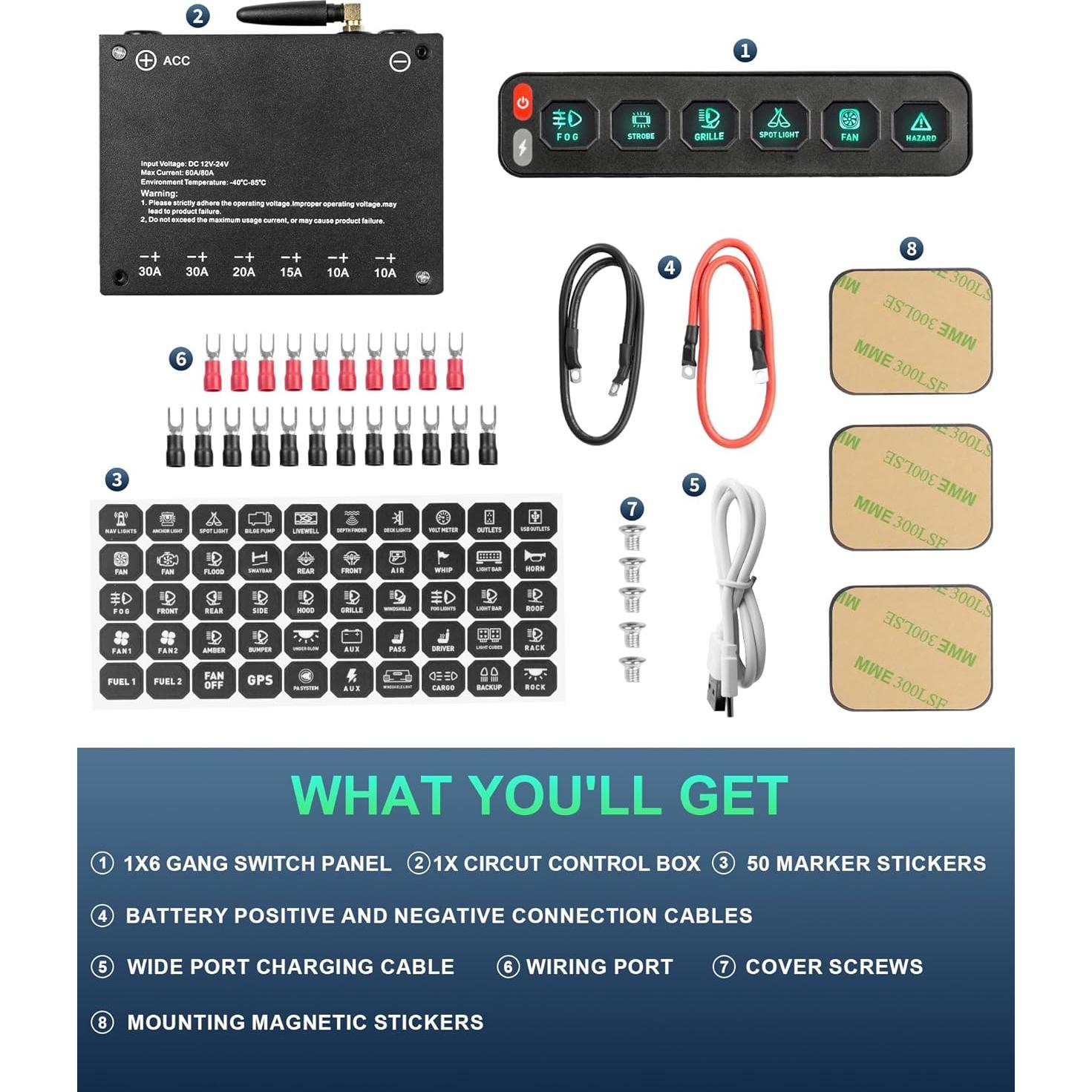 Panel de Interruptores Inalámbrico 6 Gang NAVOROGE 12-24V IP68