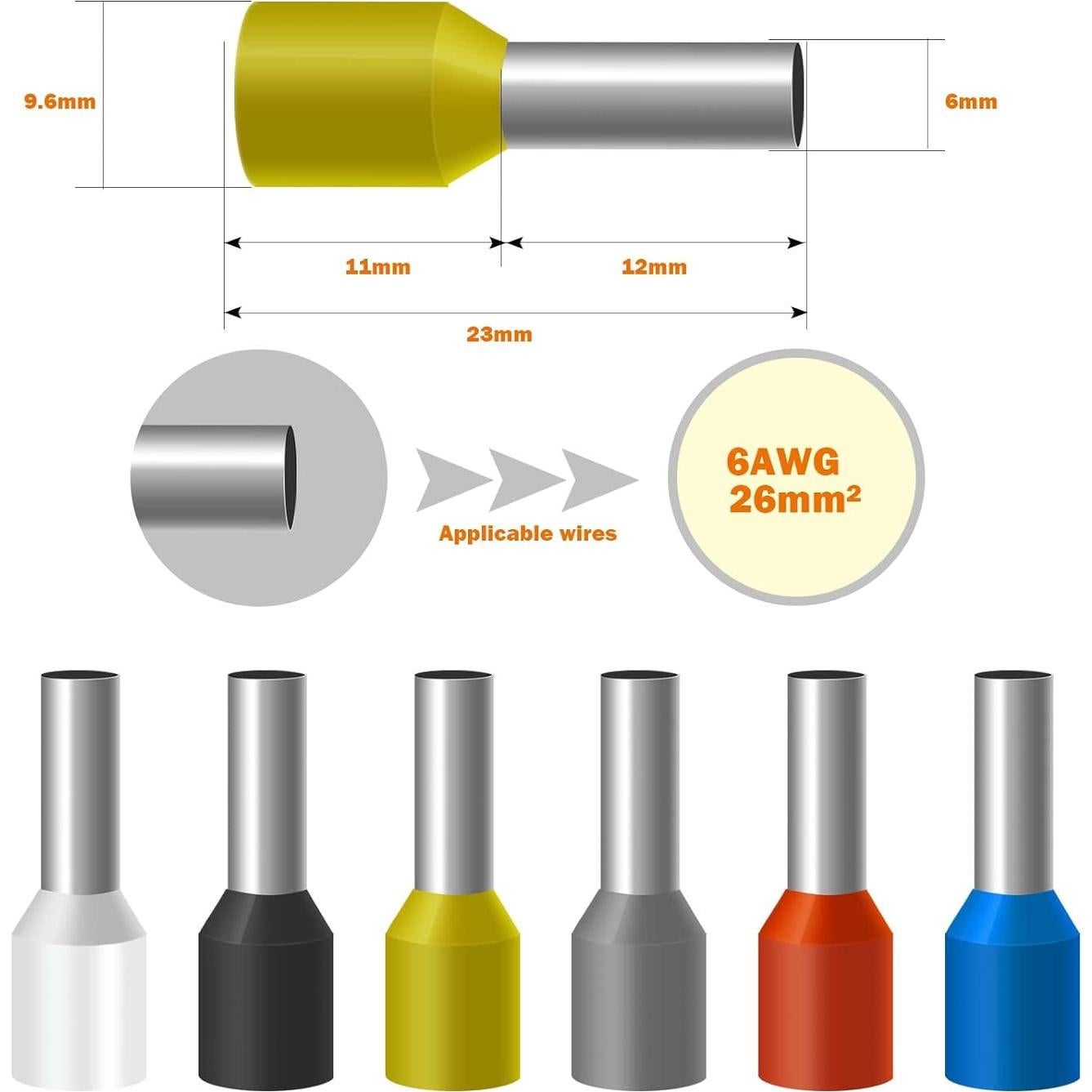 500 Terminales de Ferrules de Cable Fidioto AWG6 Negros