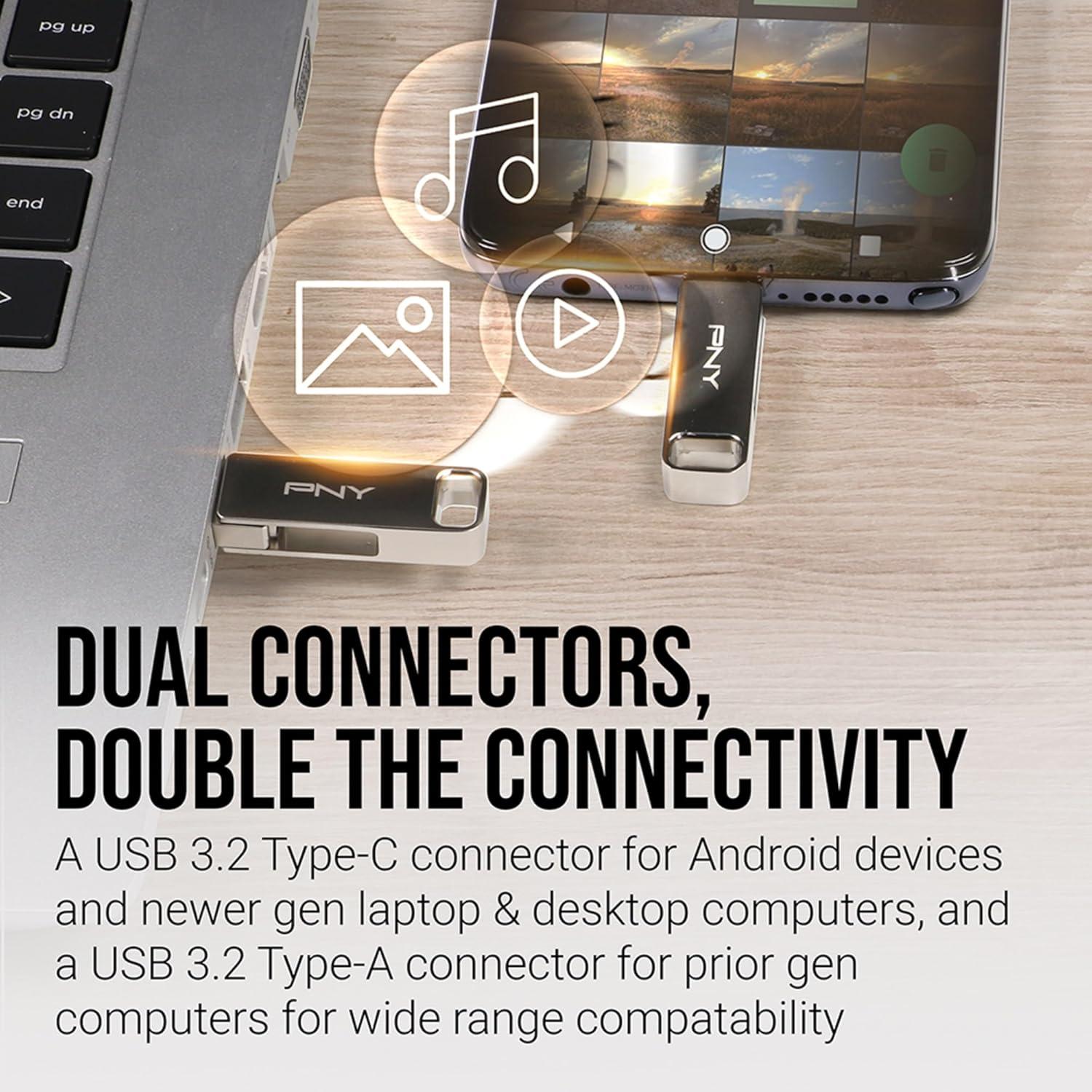 PNY 64GB Duo Link USB 3.2 Type-C Dual Flash Drive for Android Devices and Computers - External Mobile Storage for Photos, Videos, and More - 200MB/s