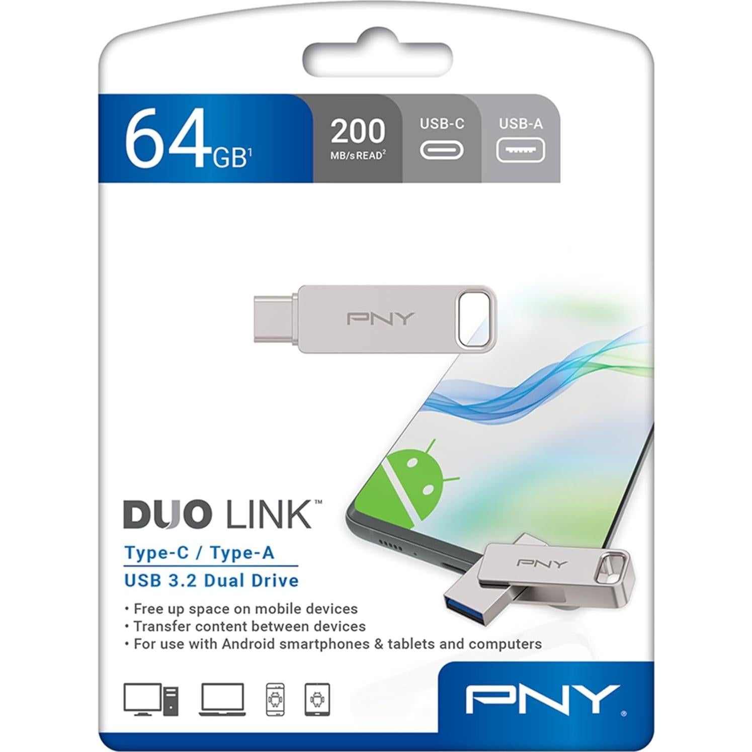PNY 64GB Duo Link USB 3.2 Type-C Dual Flash Drive for Android Devices and Computers - External Mobile Storage for Photos, Videos, and More - 200MB/s