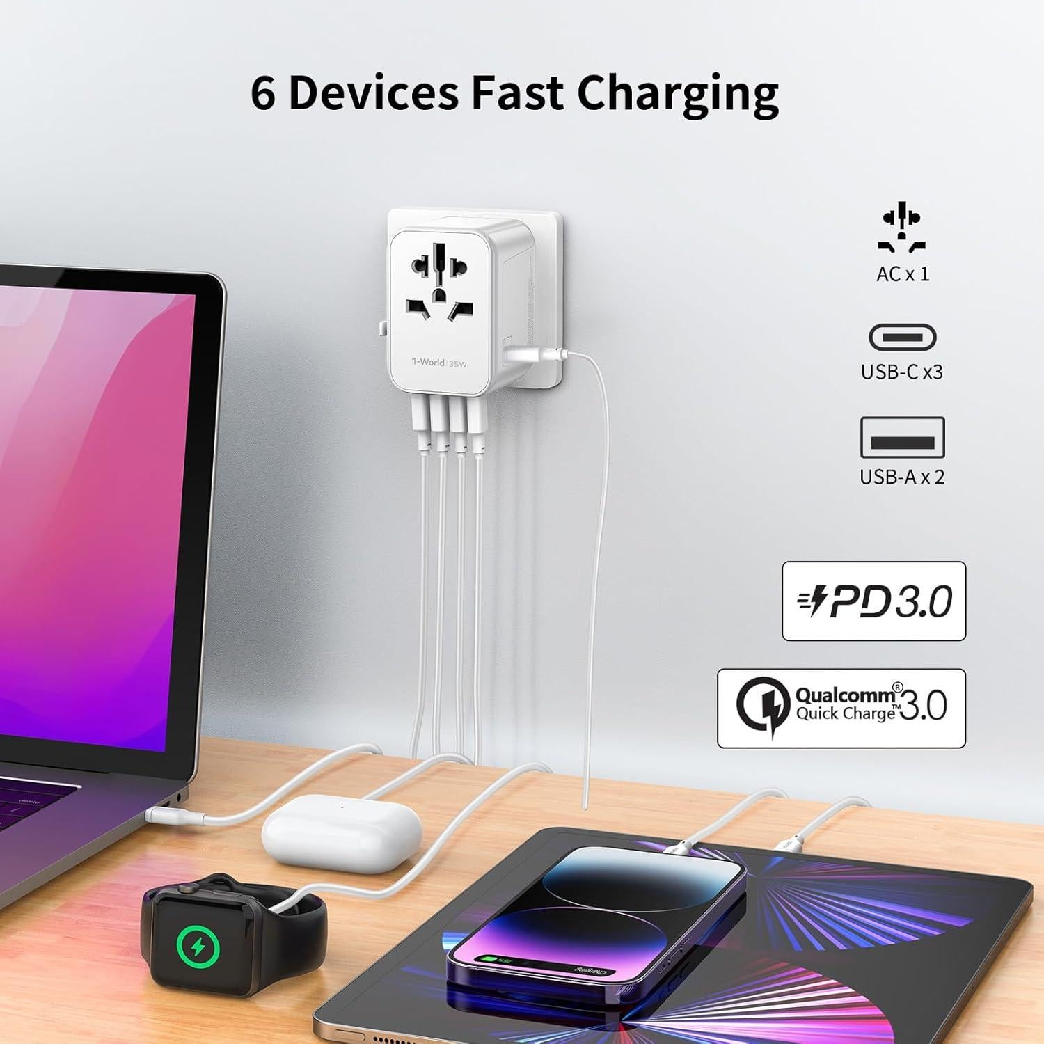 Adaptador de Enchufe de Viaje MOMAX UA9, Carga Rápida 35W, 5 Puertos