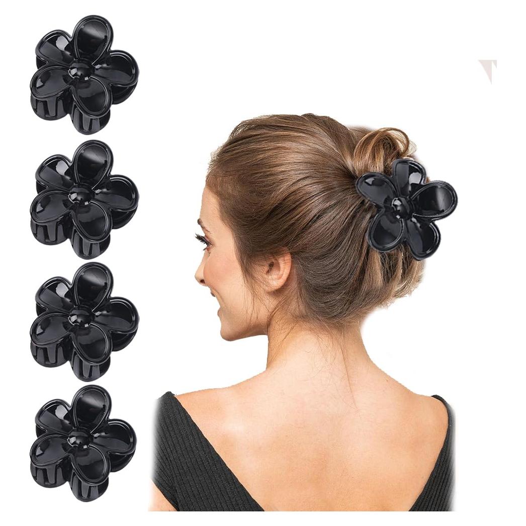 4 Clips de Pelo con Flor Morhom, Antideslizantes, 5cm, Negro
