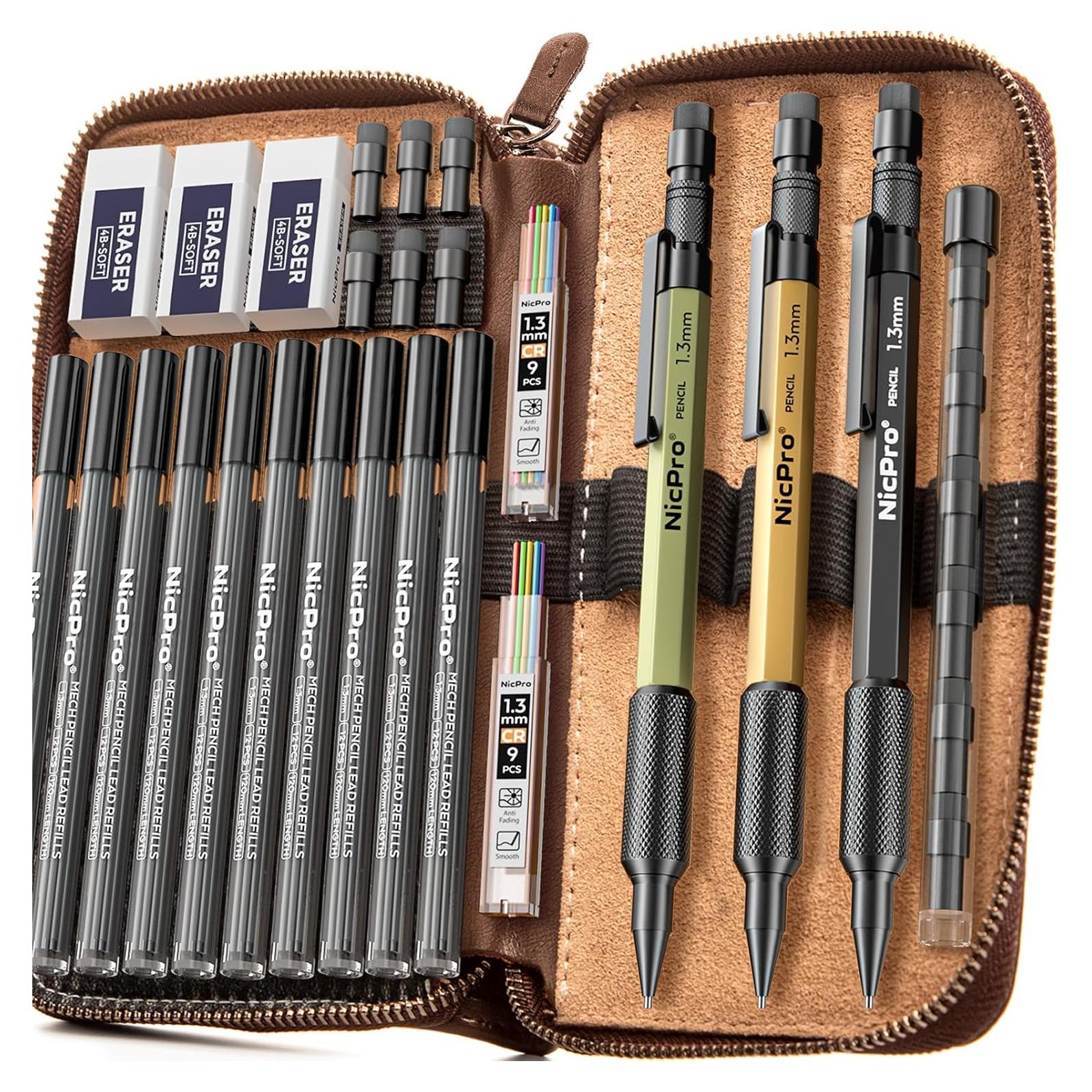 Conjunto de Lápices Mecánicos Nicpro 21 Piezas 1.3mm en Estuche de Cuero