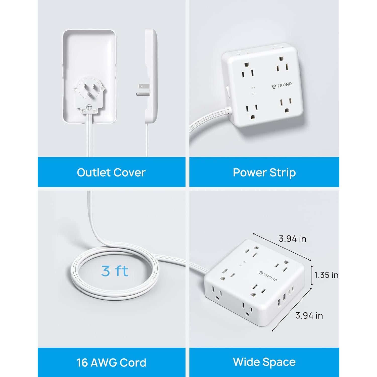 Regleta TROND 3FT con Tapa, 8 Enchufes y 4 USB, 1700J