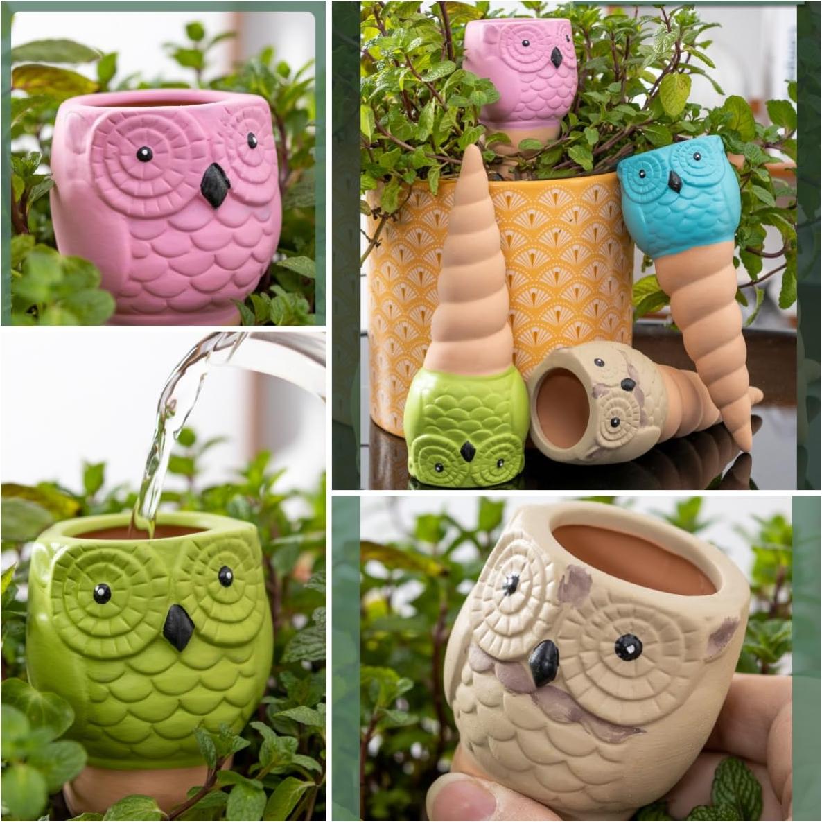 Paquete de 4 Picos de Riego Automático Terracota Búho 16 cm