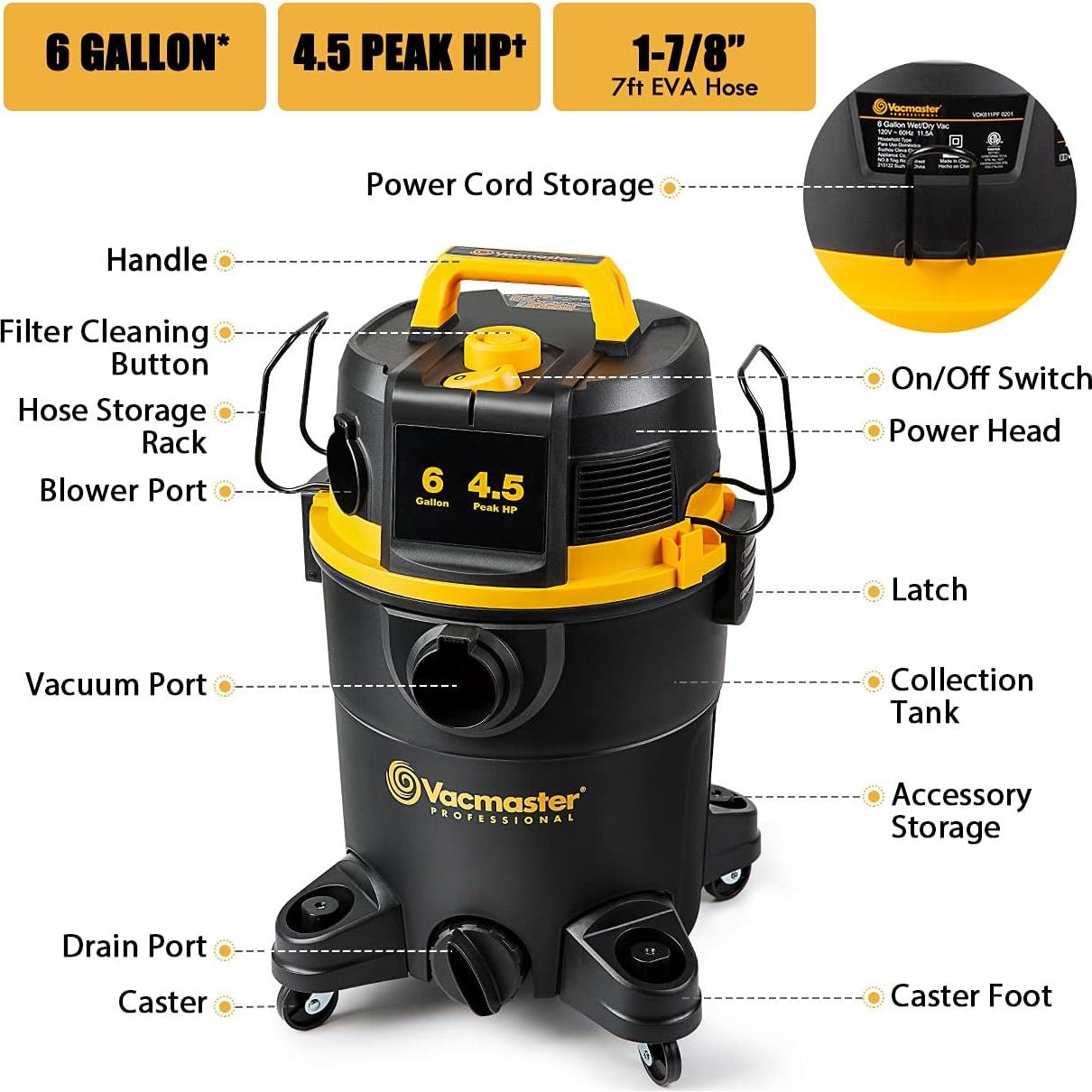 Aspiradora Húmeda/Seca Vacmaster 6 Gal 4.5 HP VDK611PF