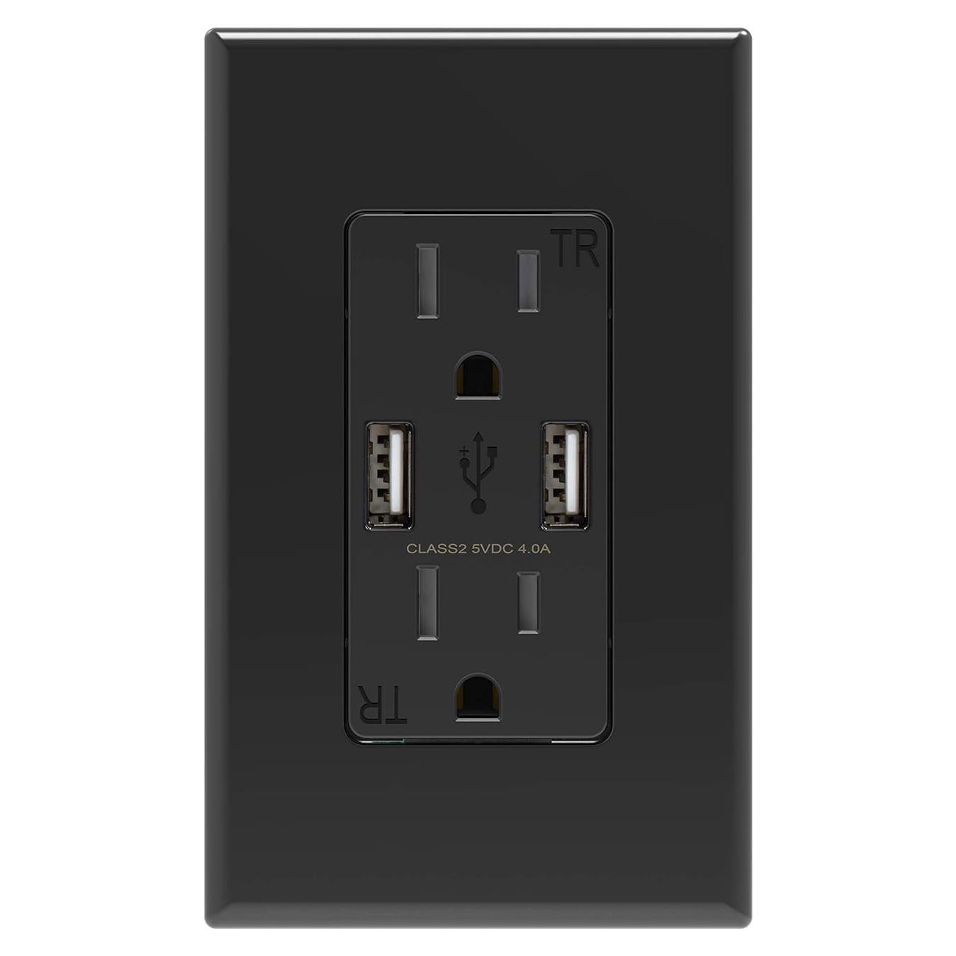 Toma de corriente ELEGRP 15A con 2 puertos USB 4.0A negra