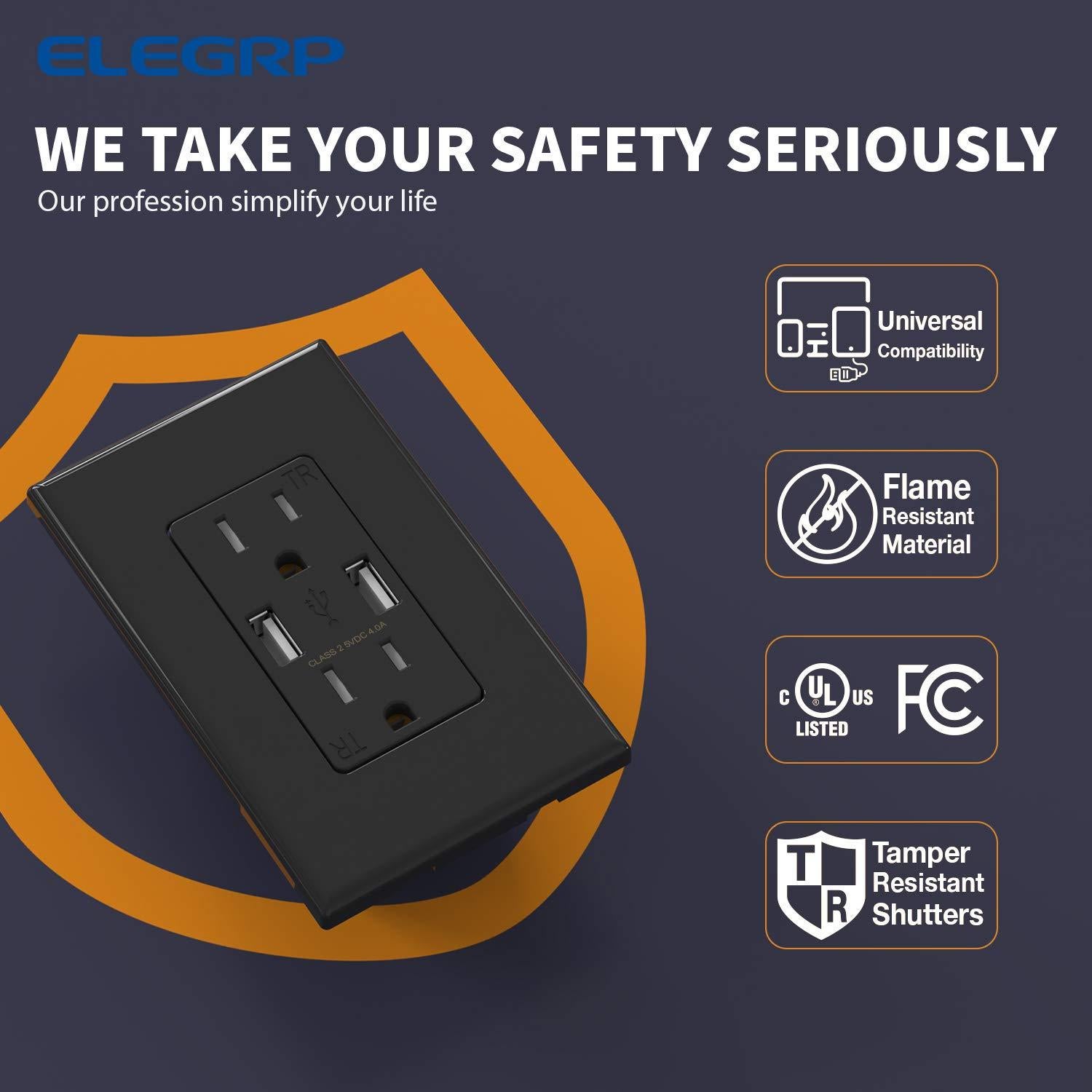 Toma de corriente ELEGRP 15A con 2 puertos USB 4.0A negra