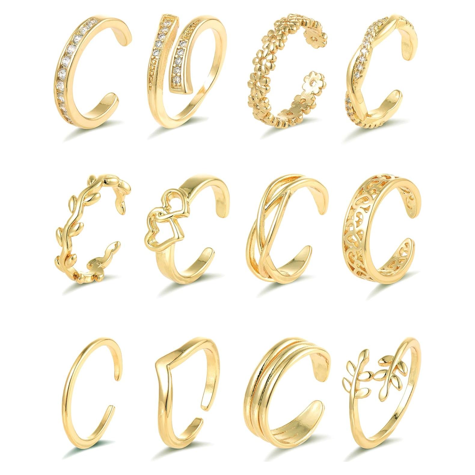 Juego de 12 Anillos Ajustables Akeoqi Oro 18K y CZ para Mujer