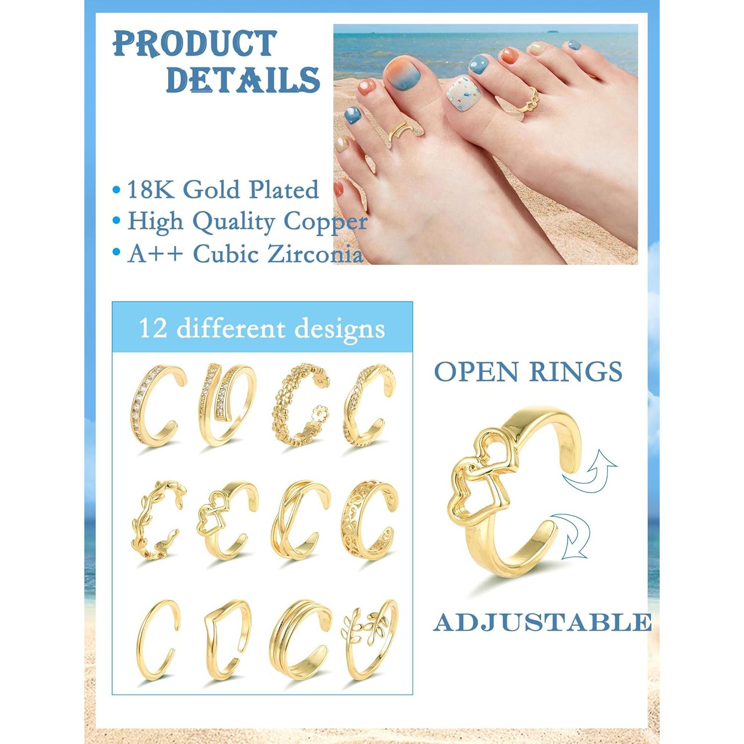 Juego de 12 Anillos Ajustables Akeoqi Oro 18K y CZ para Mujer