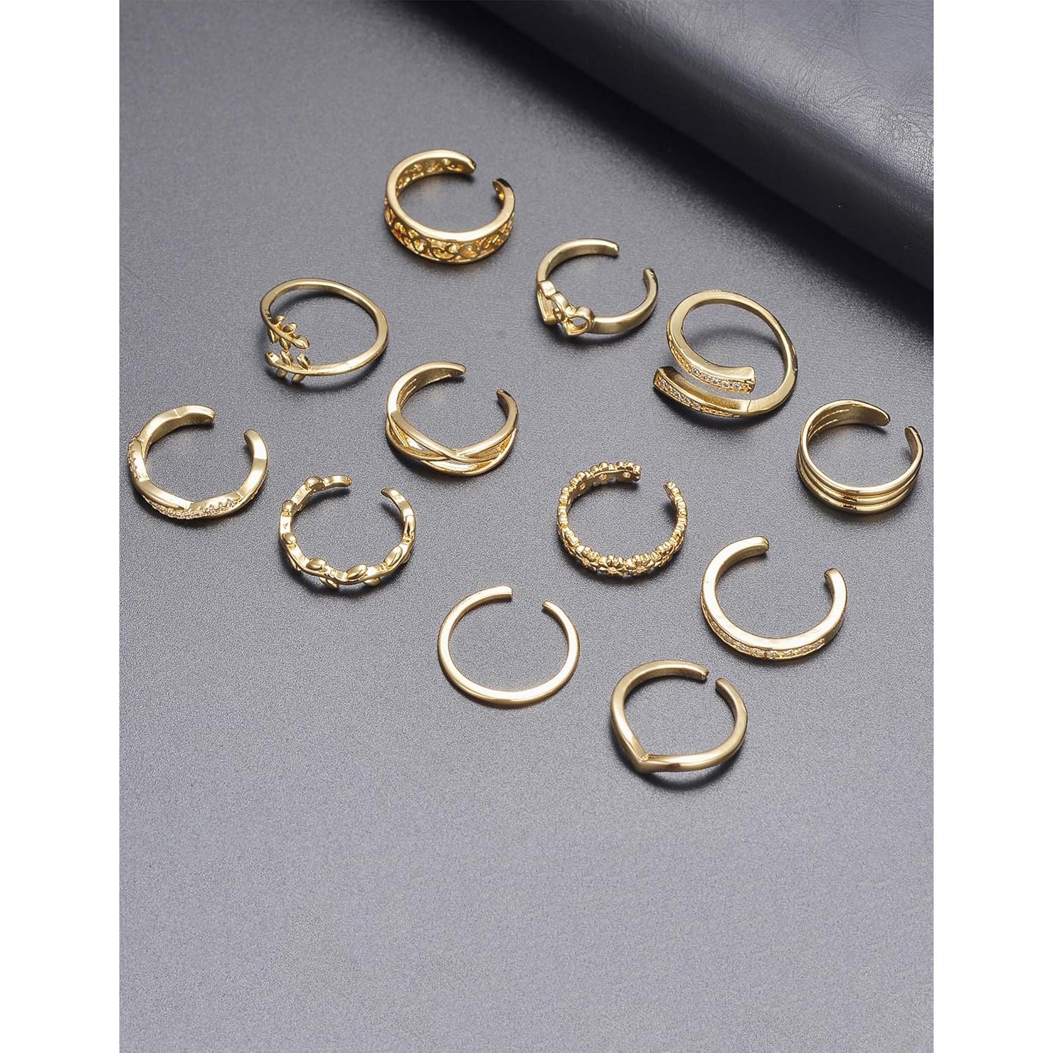 Juego de 12 Anillos Ajustables Akeoqi Oro 18K y CZ para Mujer