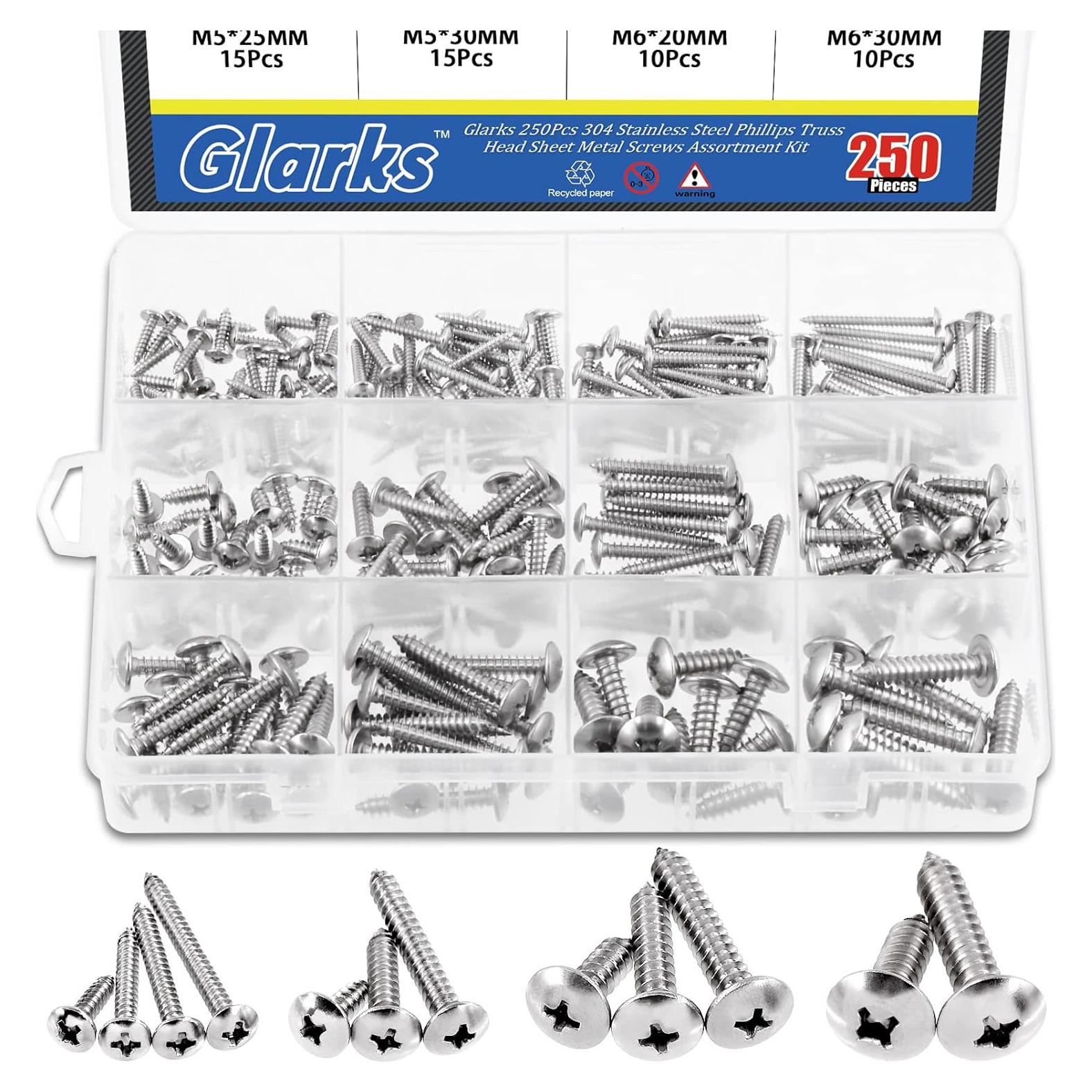 Kit de Tornillos Autoperforantes Glarks 250pcs Acero Inoxidable