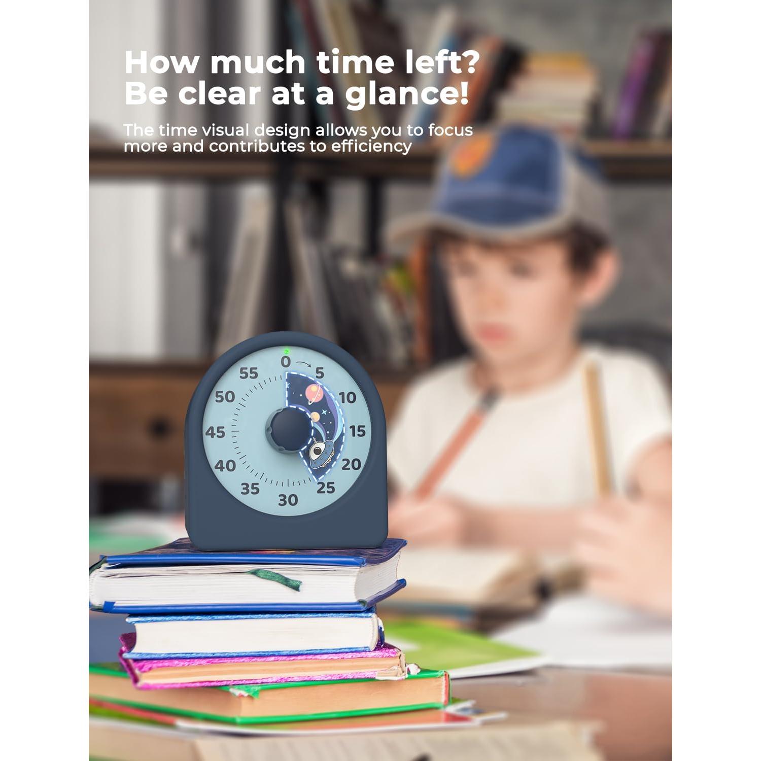 LIORQUE 60 Minute Visual Timer for Kids, Rechargeable Visual Countdown Timer Clock, Kids Timer for Classroom with 'Space Ship' Pattern Design and Magnetic Back