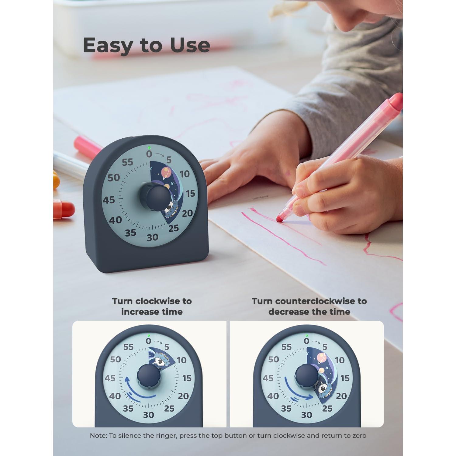 LIORQUE 60 Minute Visual Timer for Kids, Rechargeable Visual Countdown Timer Clock, Kids Timer for Classroom with 'Space Ship' Pattern Design and Magnetic Back