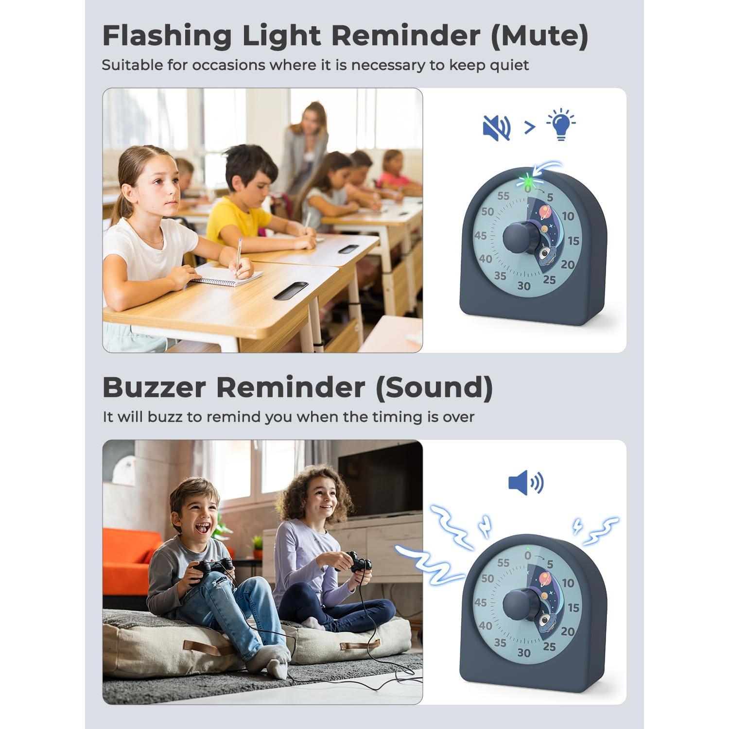 LIORQUE 60 Minute Visual Timer for Kids, Rechargeable Visual Countdown Timer Clock, Kids Timer for Classroom with 'Space Ship' Pattern Design and Magnetic Back