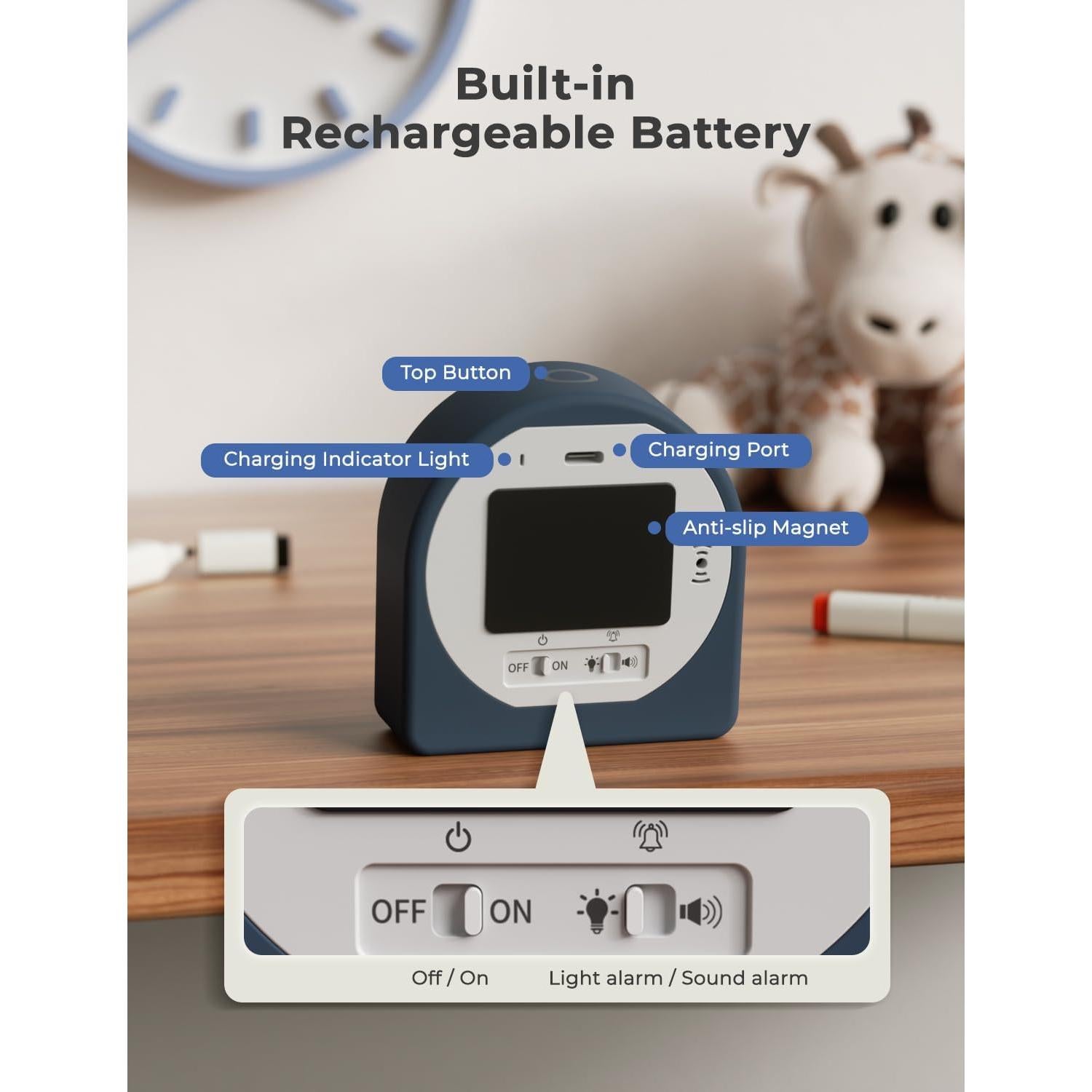 LIORQUE 60 Minute Visual Timer for Kids, Rechargeable Visual Countdown Timer Clock, Kids Timer for Classroom with 'Space Ship' Pattern Design and Magnetic Back