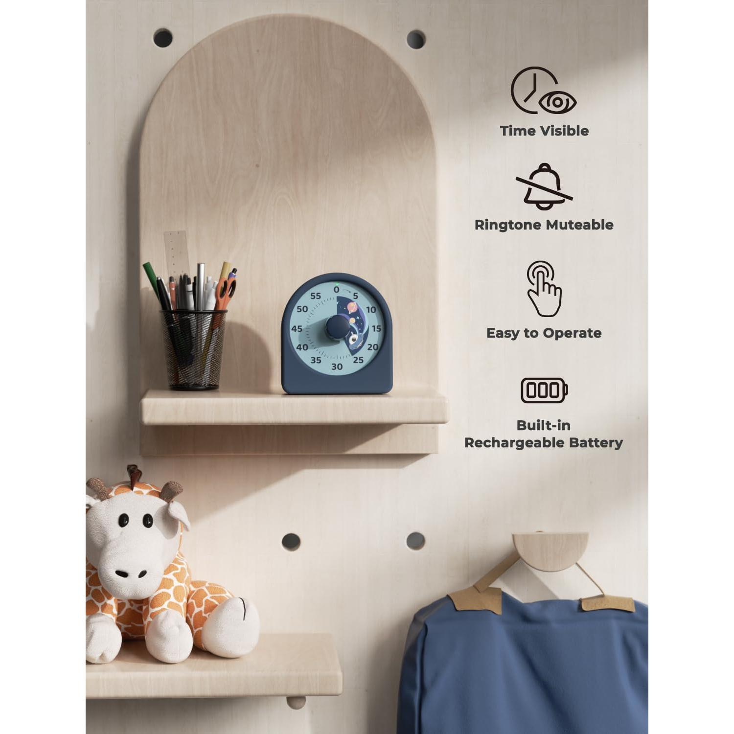 LIORQUE 60 Minute Visual Timer for Kids, Rechargeable Visual Countdown Timer Clock, Kids Timer for Classroom with 'Space Ship' Pattern Design and Magnetic Back