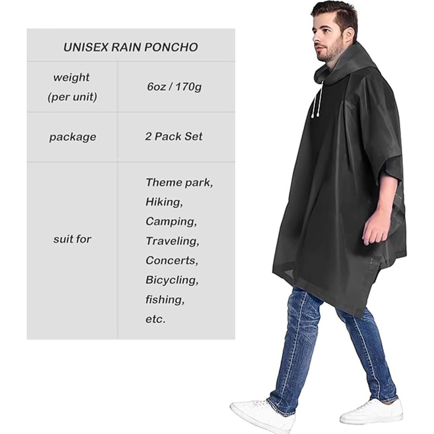 Reusable Rain Ponchos for Adults, 2 Pcs Raincoats (Pack of 1) Emergency for Women Men with Hood