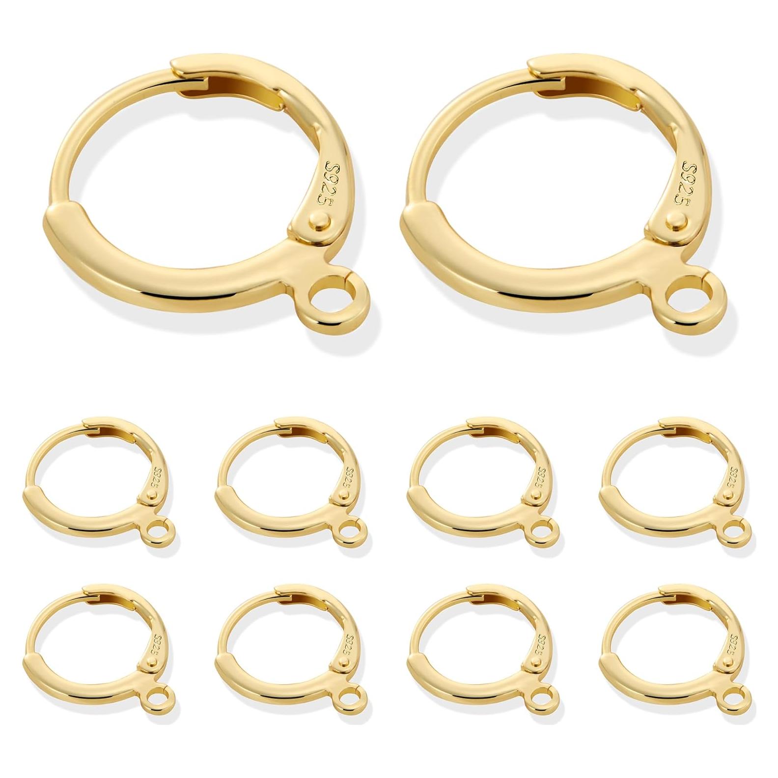 10Pcs 14K Goldplated Earring Hooks Round Small Gold Hoop Huggie Ear Leverback Hooks 925 Sterling Silver Earrings Findings 14x2mm Gold Small Huggie Hoop for Dangle Earring Making Jewelry Supplies Set