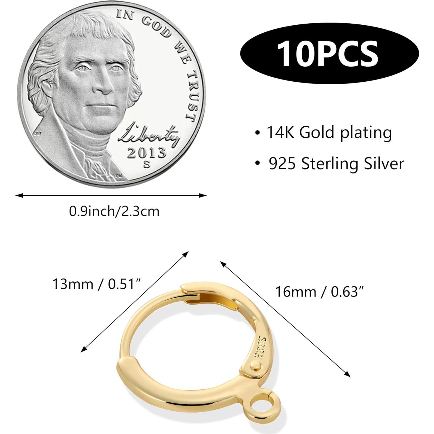 10Pcs 14K Goldplated Earring Hooks Round Small Gold Hoop Huggie Ear Leverback Hooks 925 Sterling Silver Earrings Findings 14x2mm Gold Small Huggie Hoop for Dangle Earring Making Jewelry Supplies Set