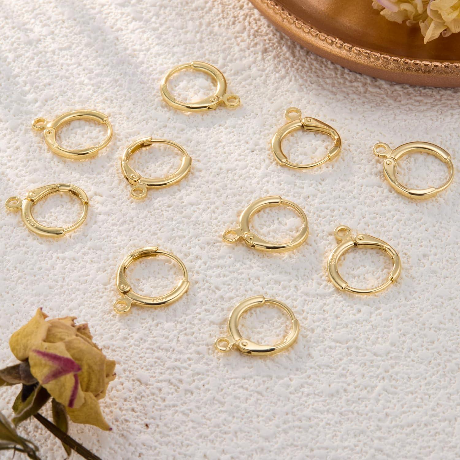 10Pcs 14K Goldplated Earring Hooks Round Small Gold Hoop Huggie Ear Leverback Hooks 925 Sterling Silver Earrings Findings 14x2mm Gold Small Huggie Hoop for Dangle Earring Making Jewelry Supplies Set