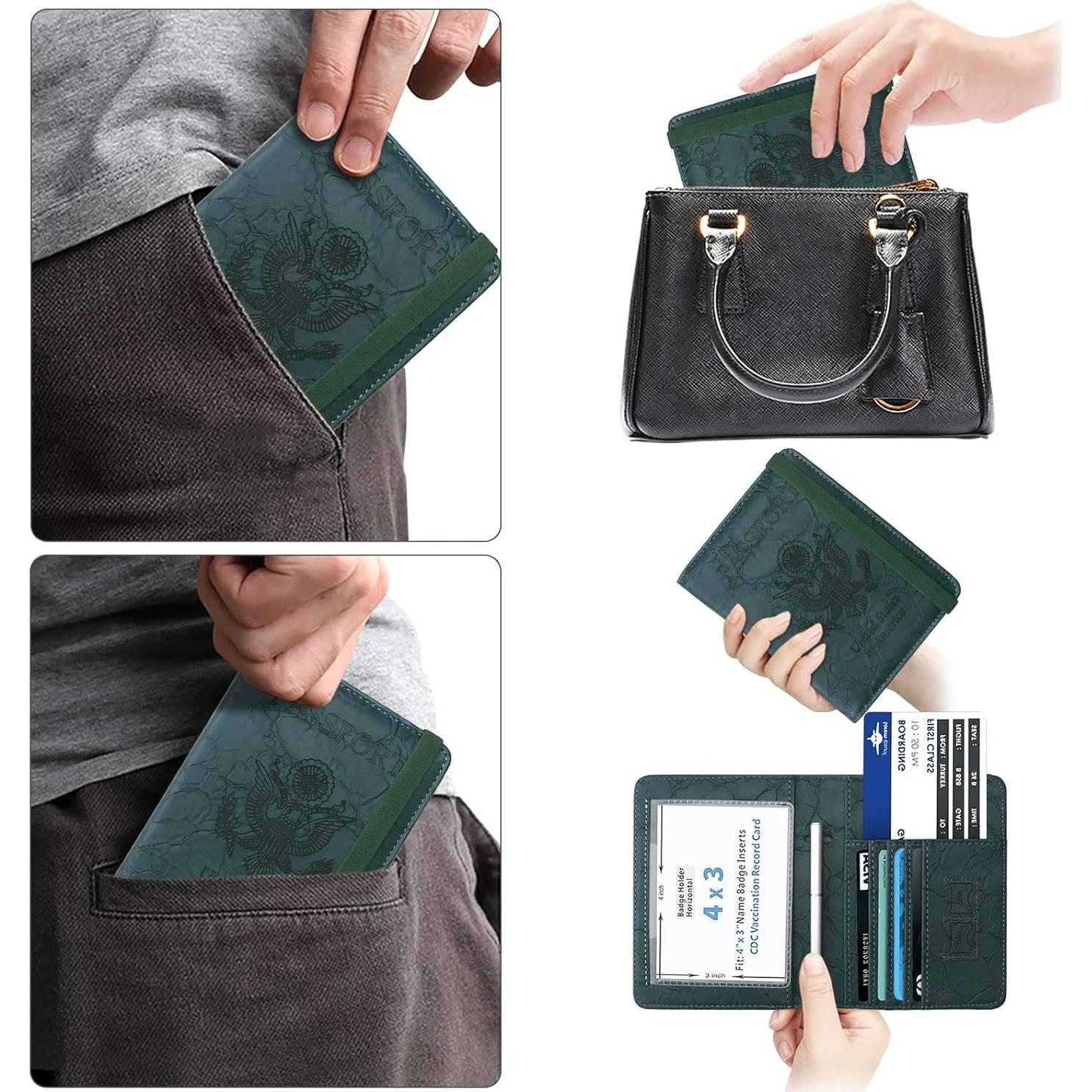 Portapasaportes WALNEW RFID Verde Oscuro, Funda de Cuero PU