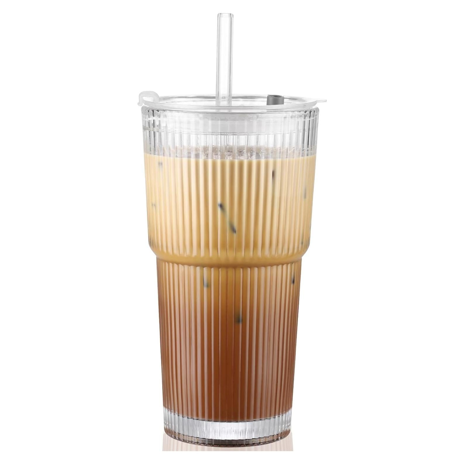 Taza de vidrio 590 ml CWHHRN con tapa y popote reutilizable