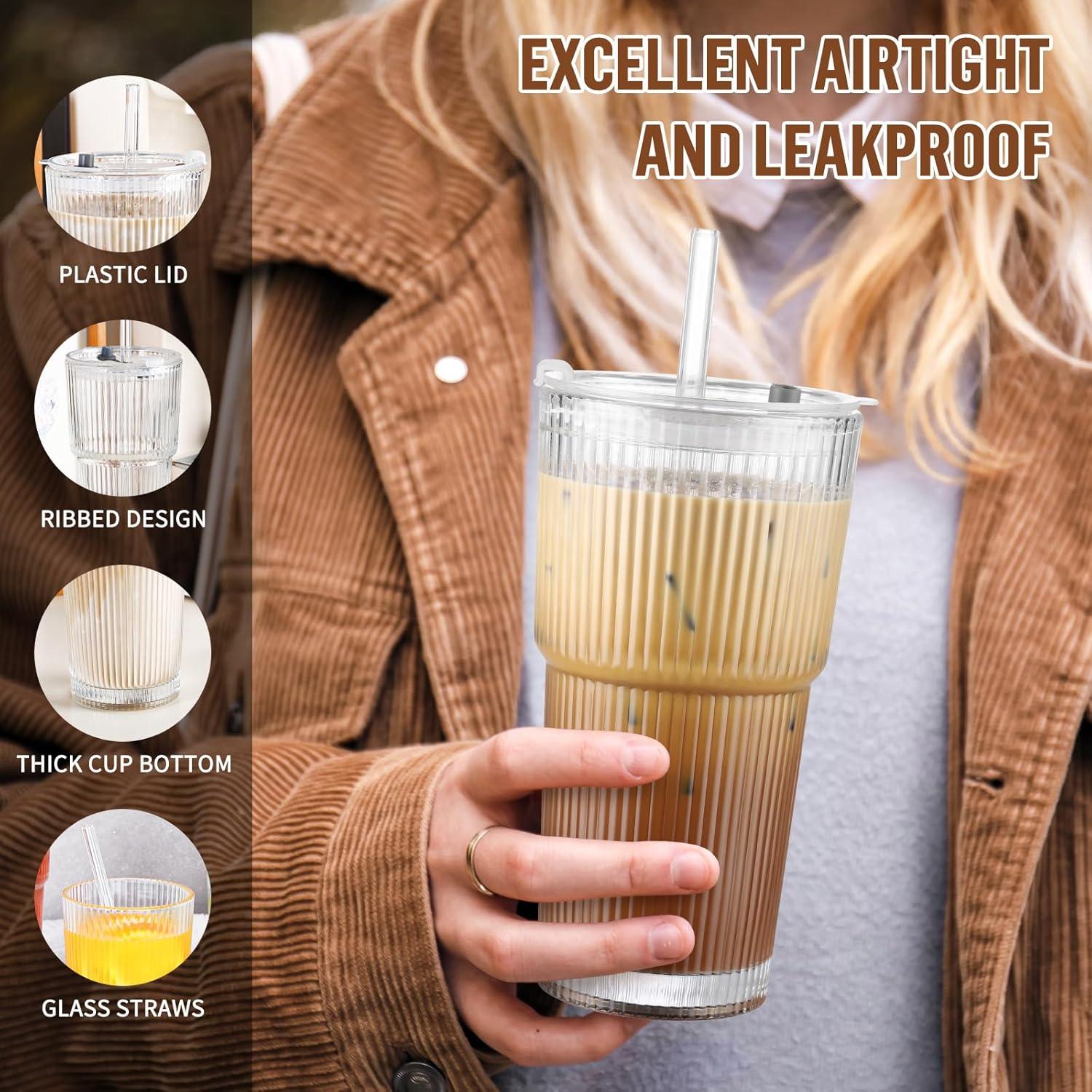 Taza de vidrio 590 ml CWHHRN con tapa y popote reutilizable