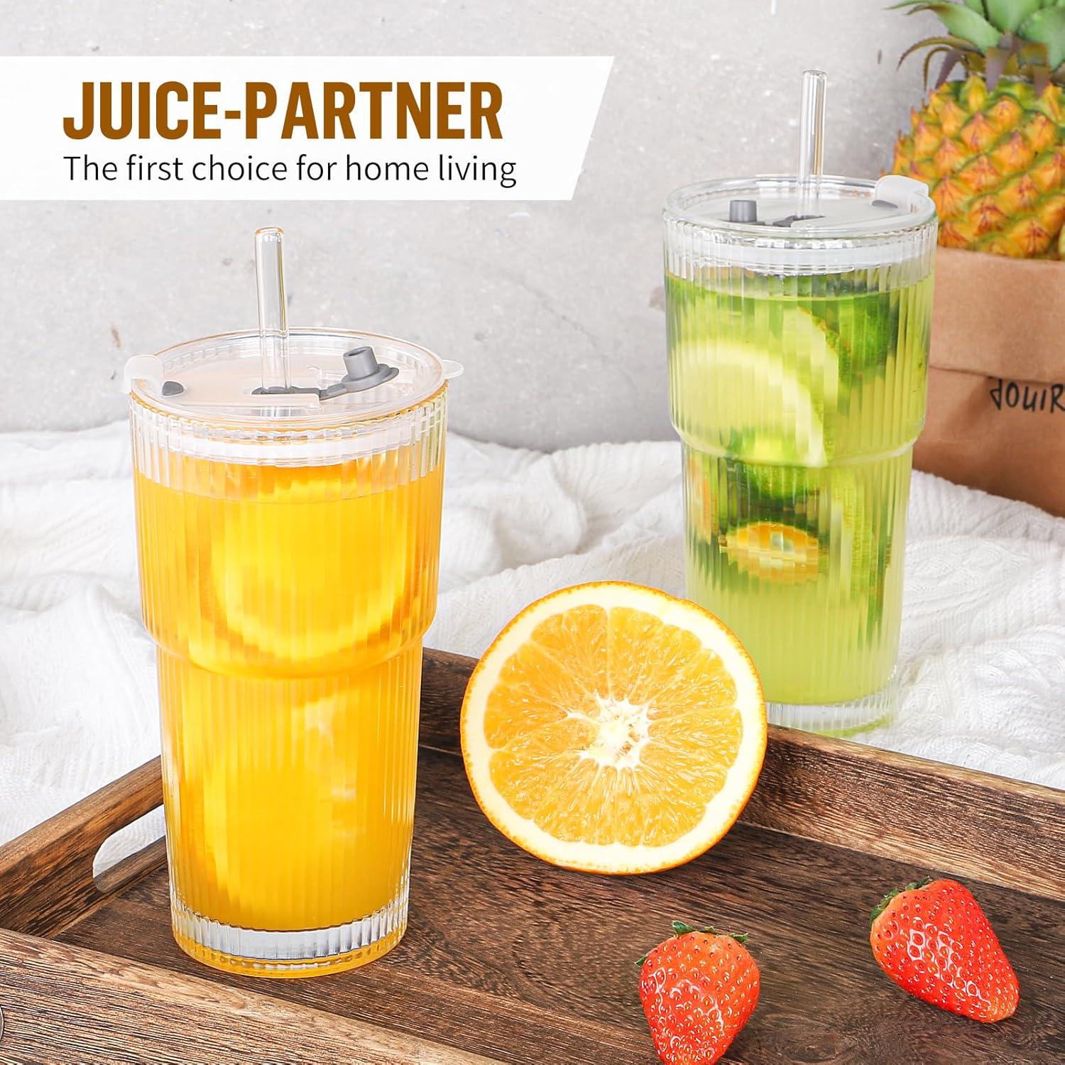 Taza de vidrio 590 ml CWHHRN con tapa y popote reutilizable