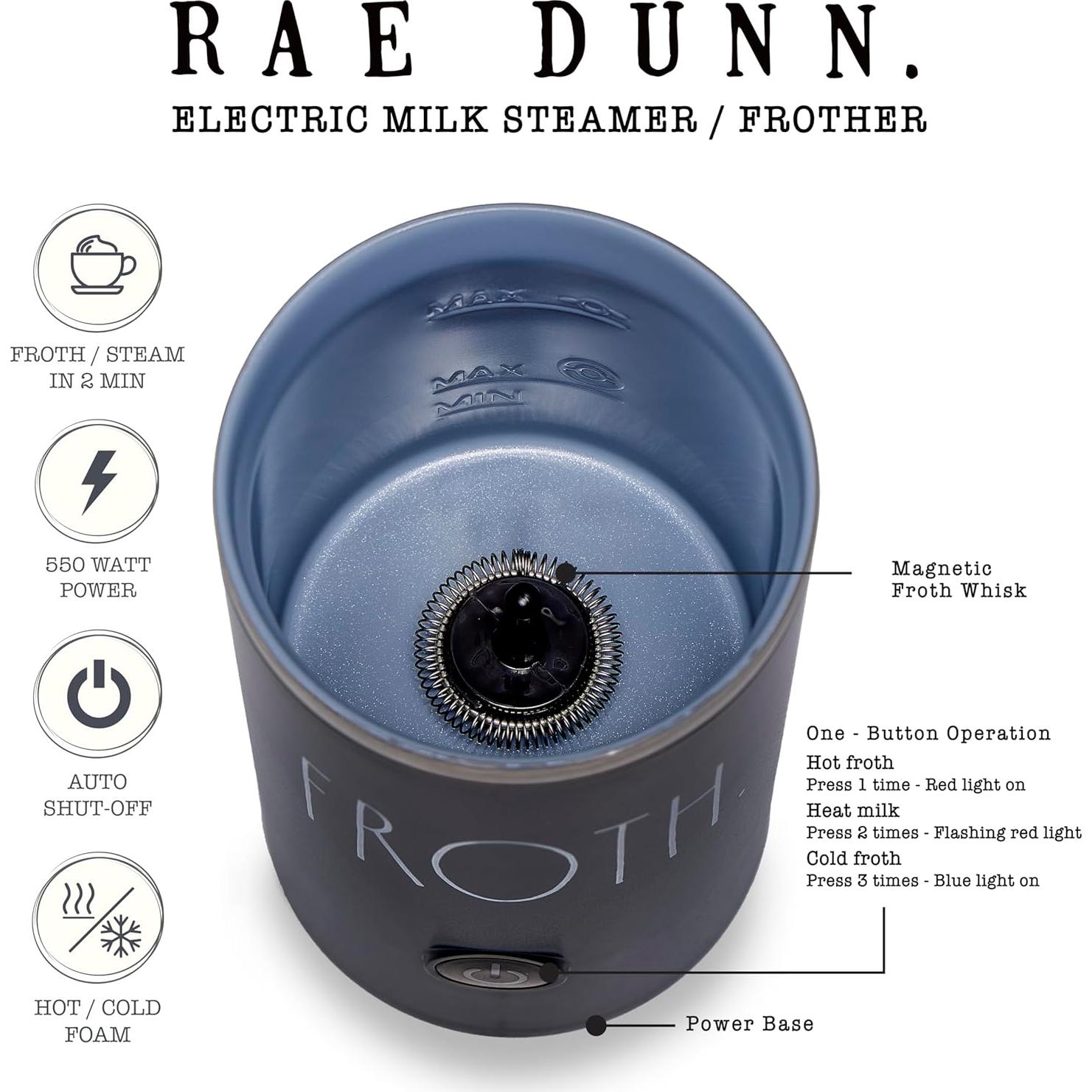 Rae Dunn Electric Milk Frother Steamer -Stylish Automatic Milk Steamer and Frother, Milk Warmer, Hot and Cold Foam Maker for Coffee, Latte, Cappuccino, Macchiato - 550 Watt (Black)