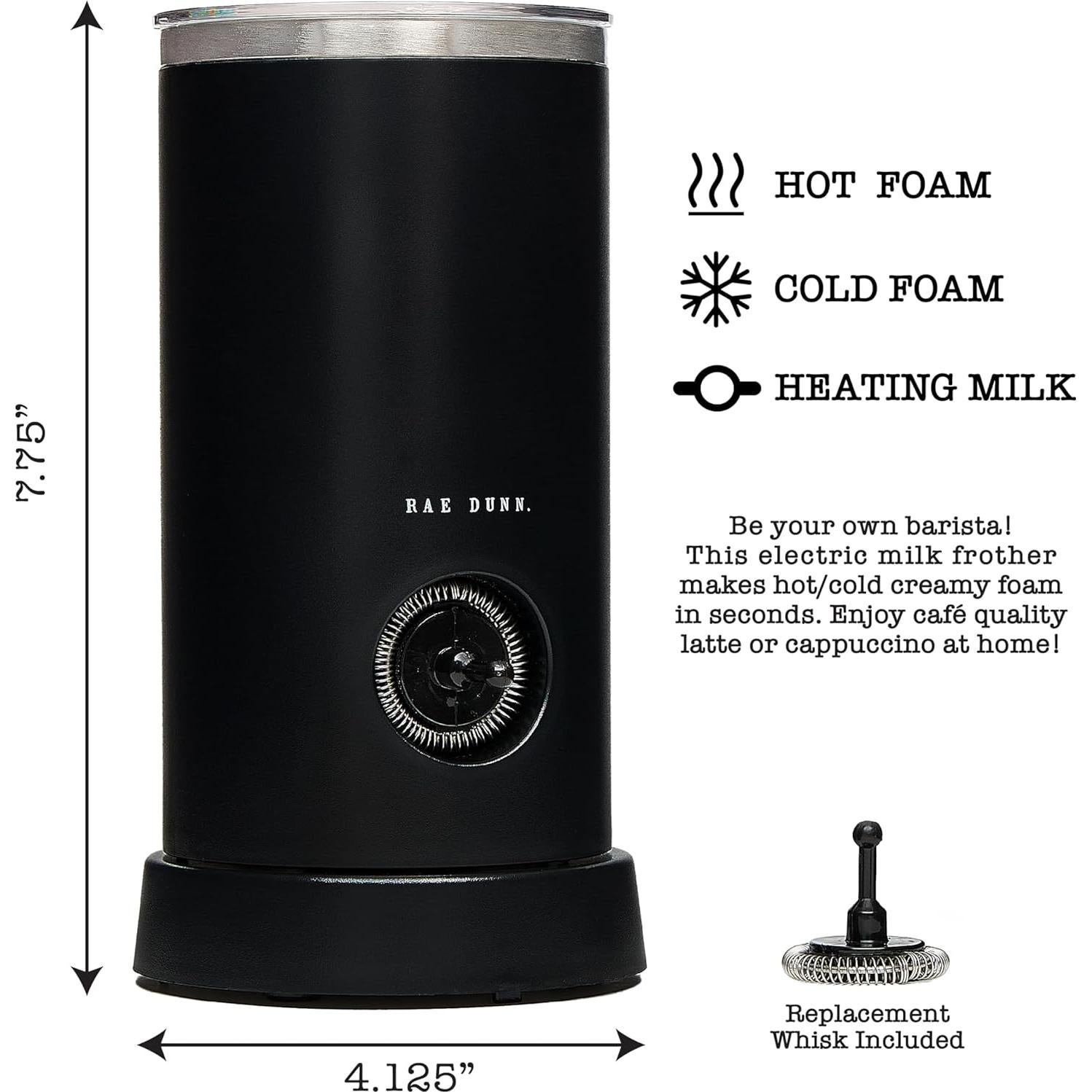 Rae Dunn Electric Milk Frother Steamer -Stylish Automatic Milk Steamer and Frother, Milk Warmer, Hot and Cold Foam Maker for Coffee, Latte, Cappuccino, Macchiato - 550 Watt (Black)