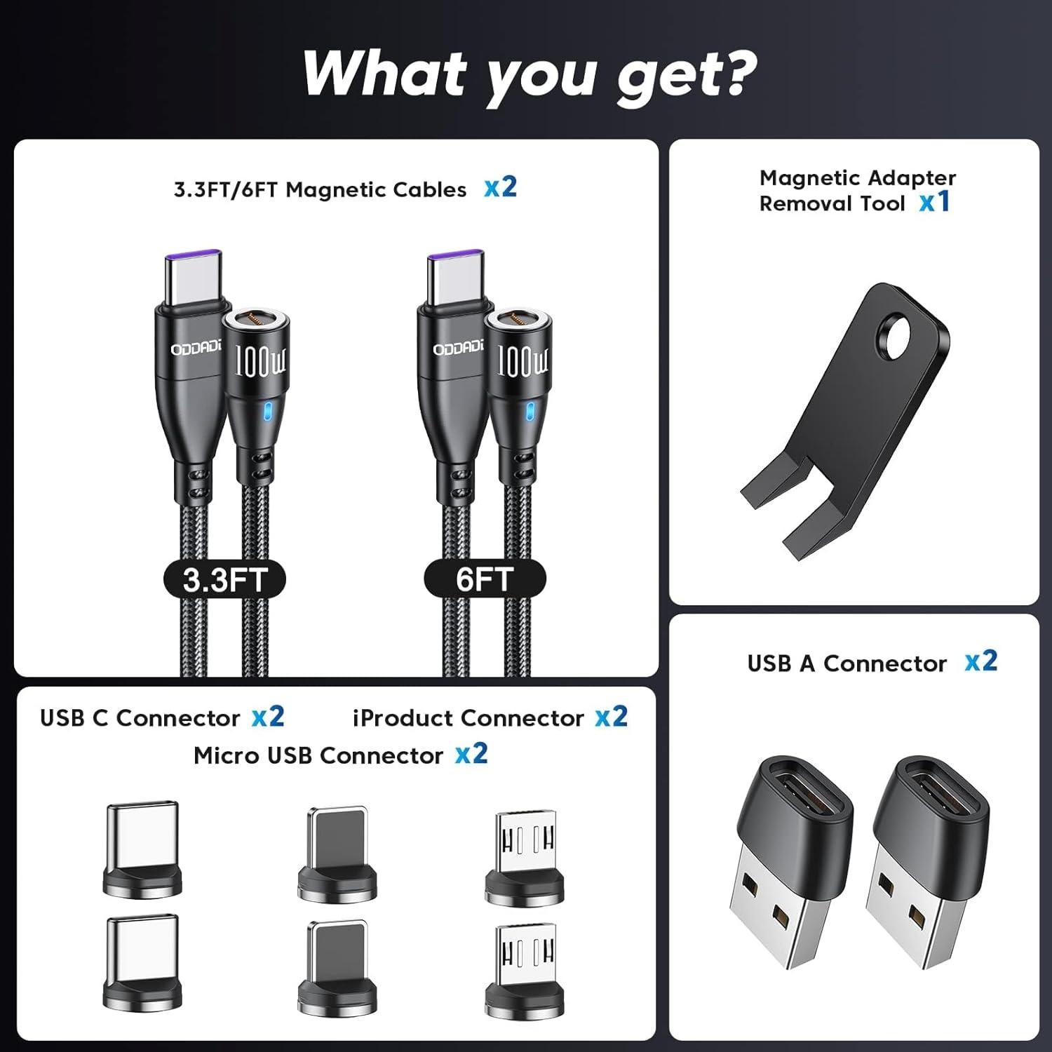 Cable de Carga Magnético USB C ODDADD 100W 2pack (1m+1.83m)