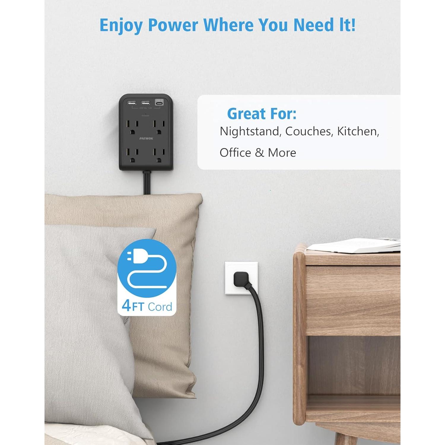 Extensor de Enchufe Plano PAEWOK 4 Salidas USB 1.22m Negro