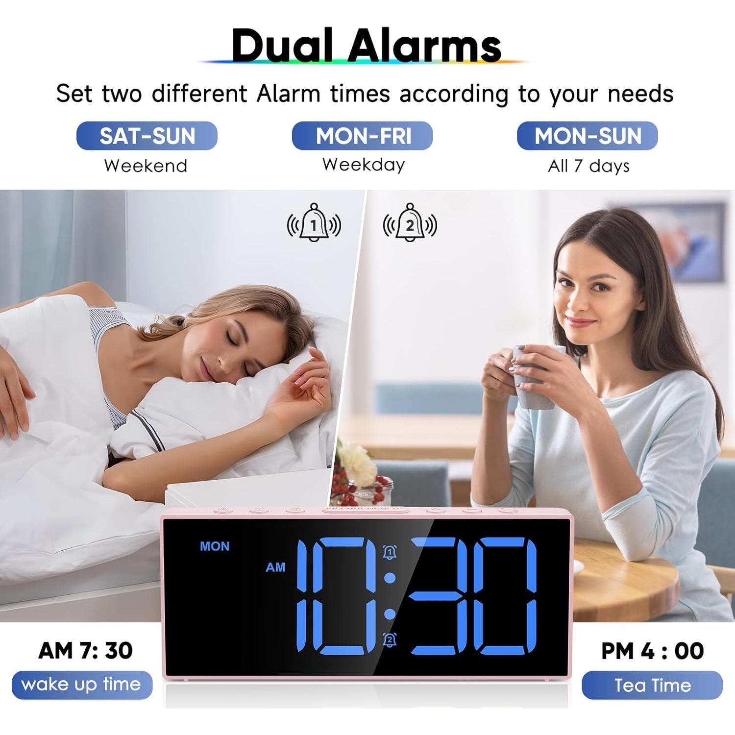 Reloj Despertador Digital Tetino Rosa con Carga USB y Brillo Ajustable