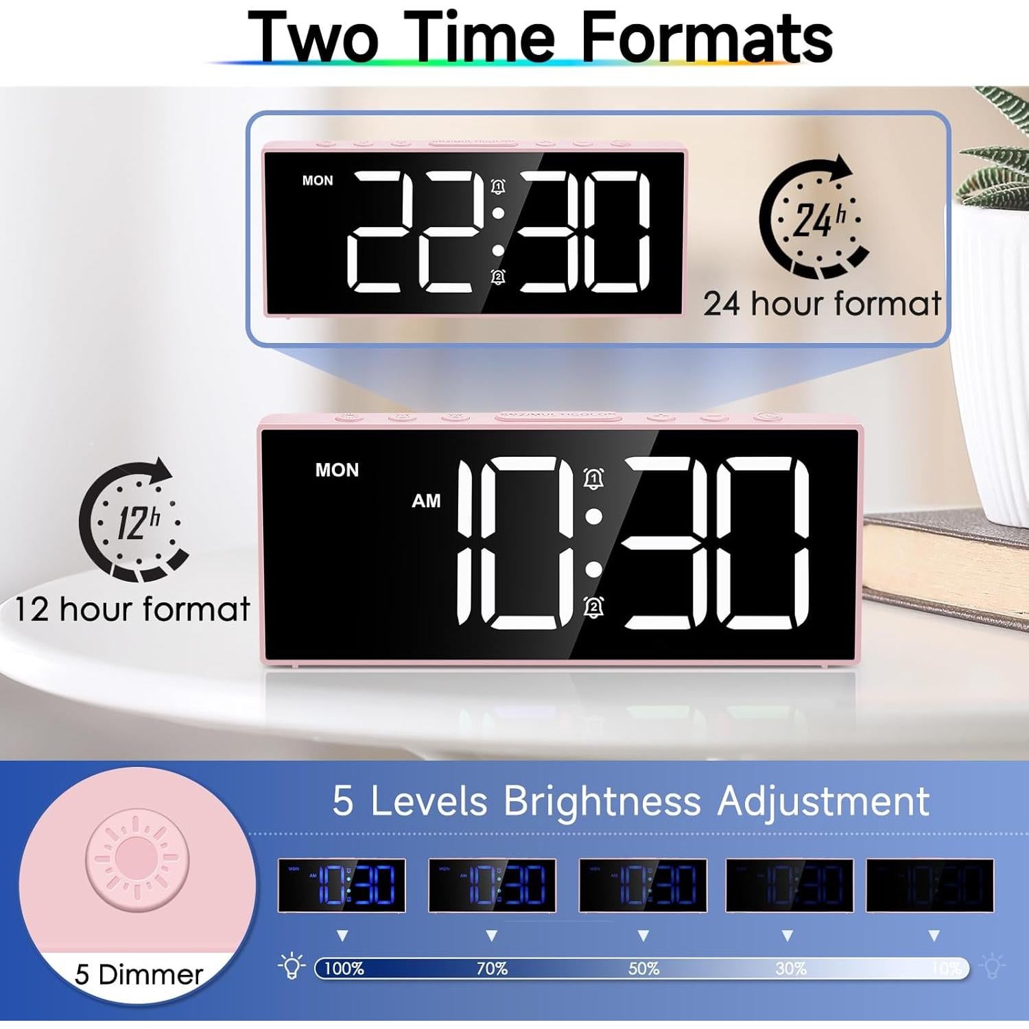 Reloj Despertador Digital Tetino Rosa con Carga USB y Brillo Ajustable