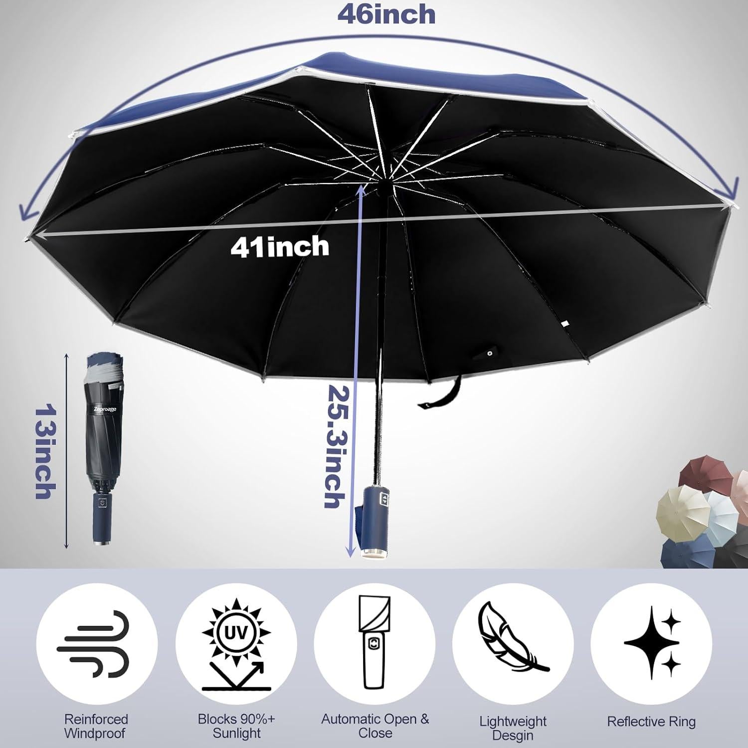 Paraguas Invertido Zeproage UV 50+ Automático 116.84 cm Azul Marino